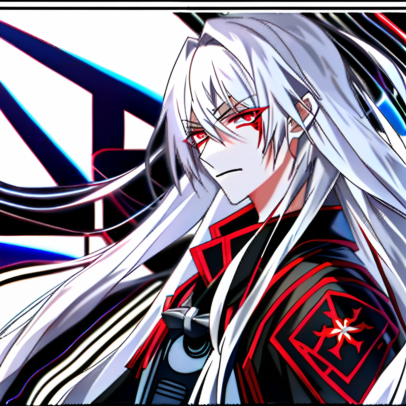 Stone Sea, 1boys, Crimson eyes, White hair, 独奏, in black lipstick, mid - length hair,Firearms,Modern soldiers