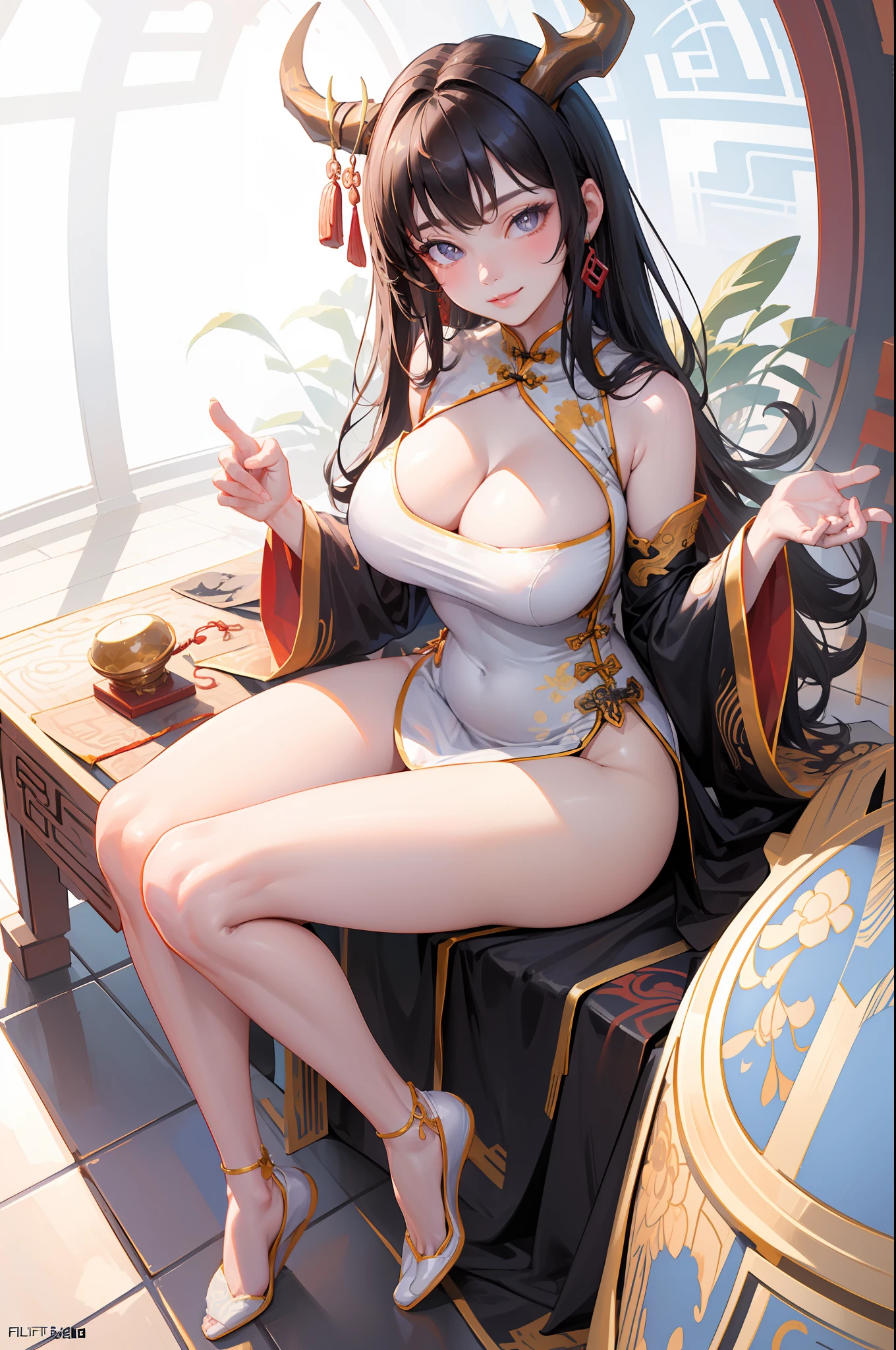 [(white background:1.5)::5], (imid shot:0.95), (full body:1.25), Dynamic angle, [Bottle bottom],(fisheye:1.4), (falt color:1.3),colorful,(masterpiece:1,2), best quality,extremely detailed cg 8k wallpaper,best quality, masterpiece, highres, original, extremely detailed wallpaper, (solo:1.25),Detailed and baeutiful face,
,1girl, hand on own chest,chain_leash,light smile,heart-shaped pupils, black hair,cowbell,long hair, ,horns,, bare shoulders,(large breasts:1.2), (china dress:1.5),cleavage, (sitting:1.3),