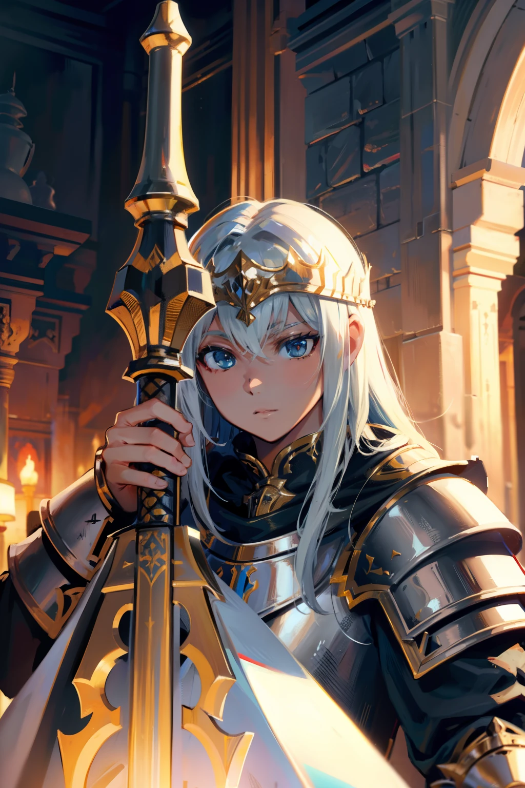 Highly detailed portrait of a royal knight,Heavy armor,shelmet,epee,big sword,Cross sword,sword,Silvertone,holy rays,god light,medieval times,Noble,setia,Servant of Jesus,Solemn,Gold accents,epic fantasy digital art,devout,tmasterpiece,8K,high definition resolution,Detailed detail drawing,high qulity