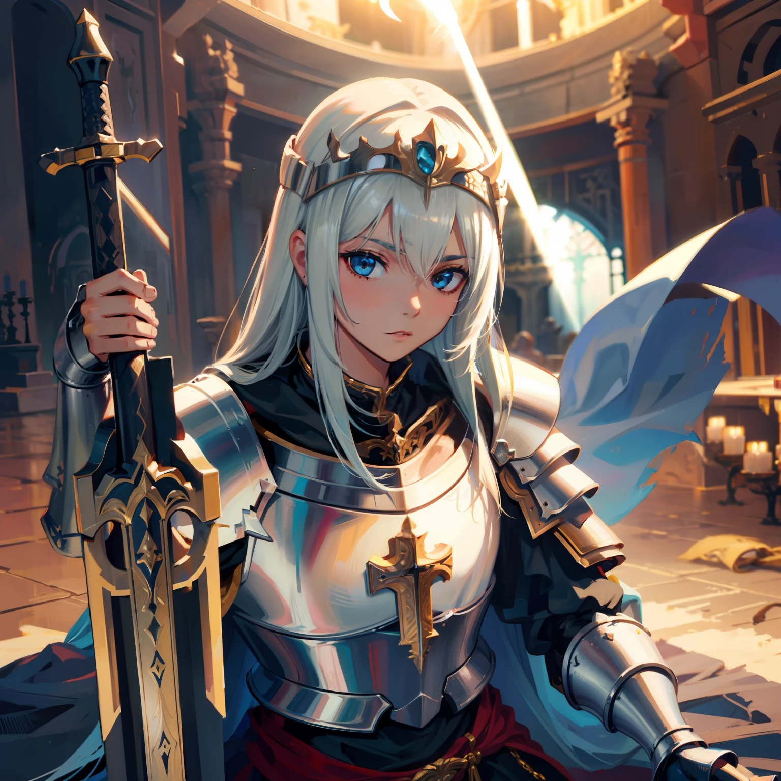 Highly detailed portrait of a royal knight，Heavy armor，shelmet，epee，big sword，Cross sword，sword，Silvertone，holy rays，god light，medieval times，Noble，setia，Servant of Jesus，Solemn，Gold accents，epic fantasy digital art，devout，tmasterpiece，8K，high definition resolution，Detailed detail drawing，high qulity