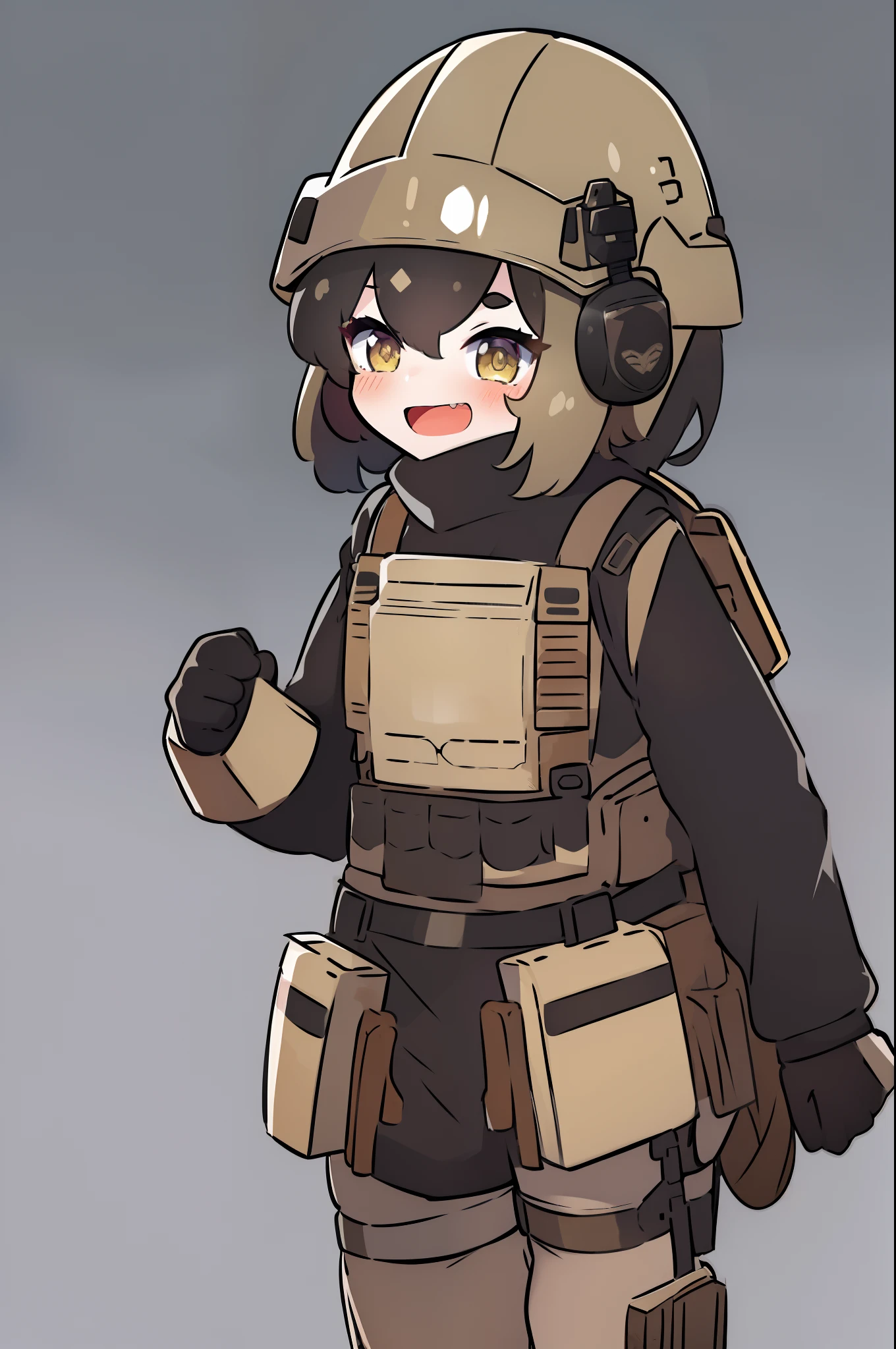 1girl, desert camo helmet, tactical helmet, raised goggles, desert camo, tactical black railed headset, black long messy hair, black hair, white plain tshirt, armored, desert tactical vest, desert camo armor pads, desert camo handgun holster, beige slippers, yellow eyes, smile, happy, excited, small, kawaii, cute