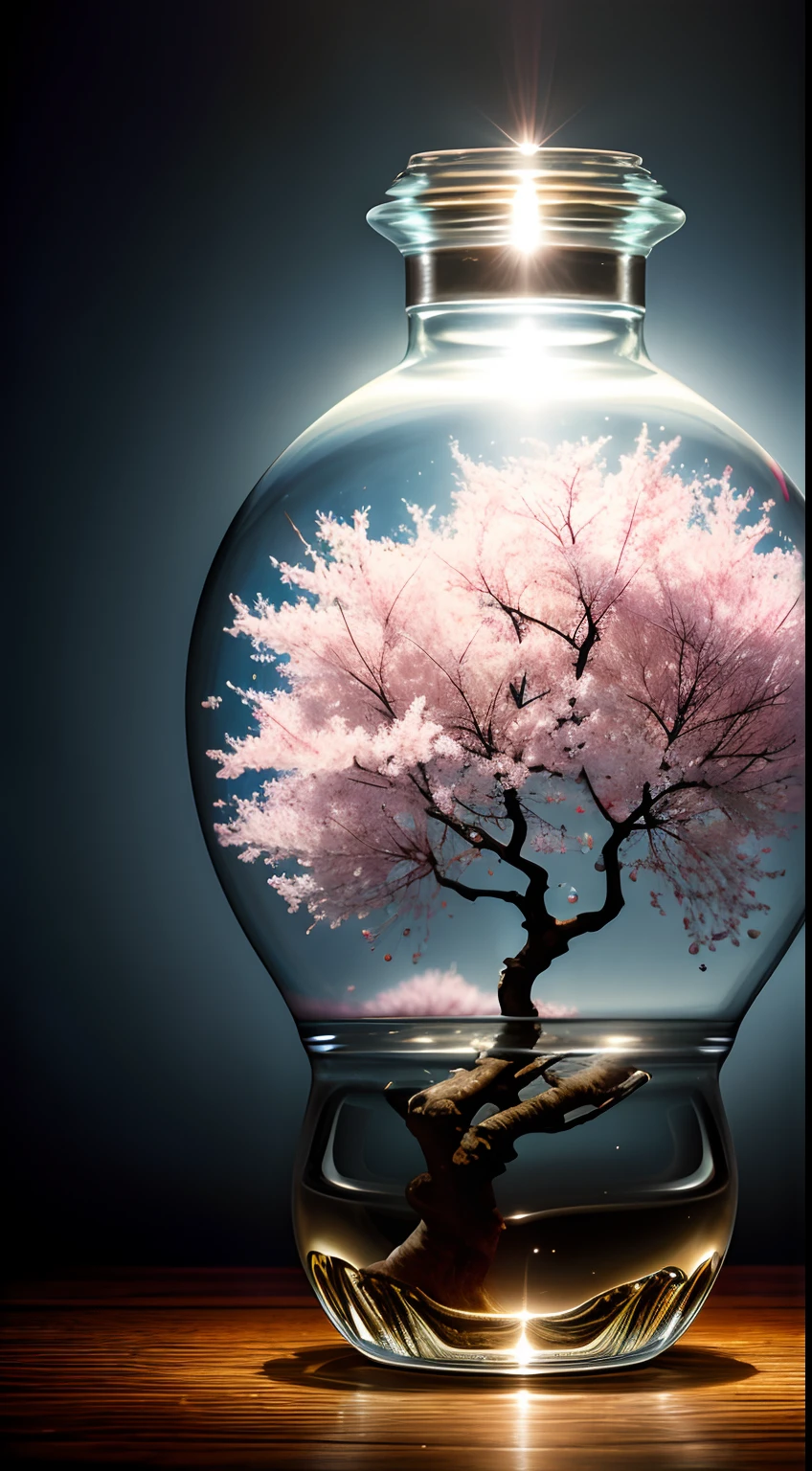 Cherry blossom tree in a bottle, Fluffy, Realistic, Atmospheric light refraction, author:Lee Jeffries Nikon D850 Film Stock Photo 4 Kodaport 400 Camera F1.6 Photos Rich colors Ultra-realistic textures Dramatic lighting Unreal Engine Trends Art Station Movie Stills 800, Style-Glass
