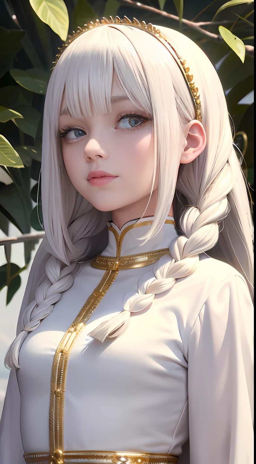 best quality, masterpiece,white hair, gold eyes,white clothes, looking up, upper body,hair strand,Fair skin,side braids
