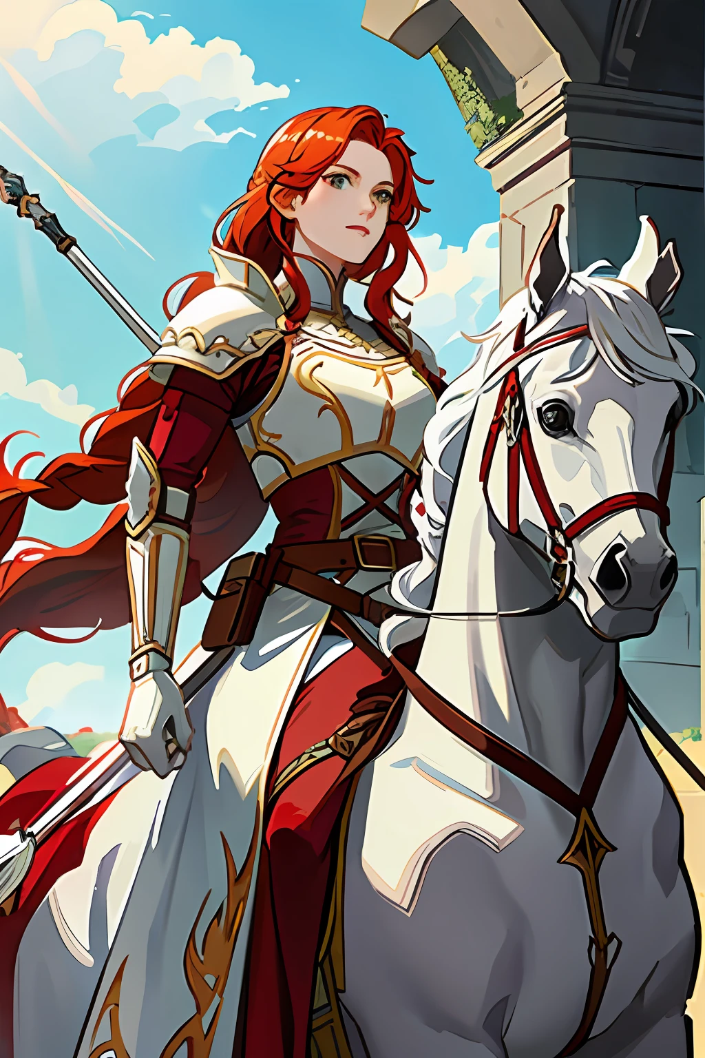 titania, 1horse, white horse, (riding a horse:1.2), braided ponytail, armor, red dress, belt, gauntlets, gloves, armored boots, from below, backlit, silhouette, lens flare, looking down at viewer, fortress, tower, stone fortress, banners, medieval, spear, holding, holding spear, lance, holding weapon