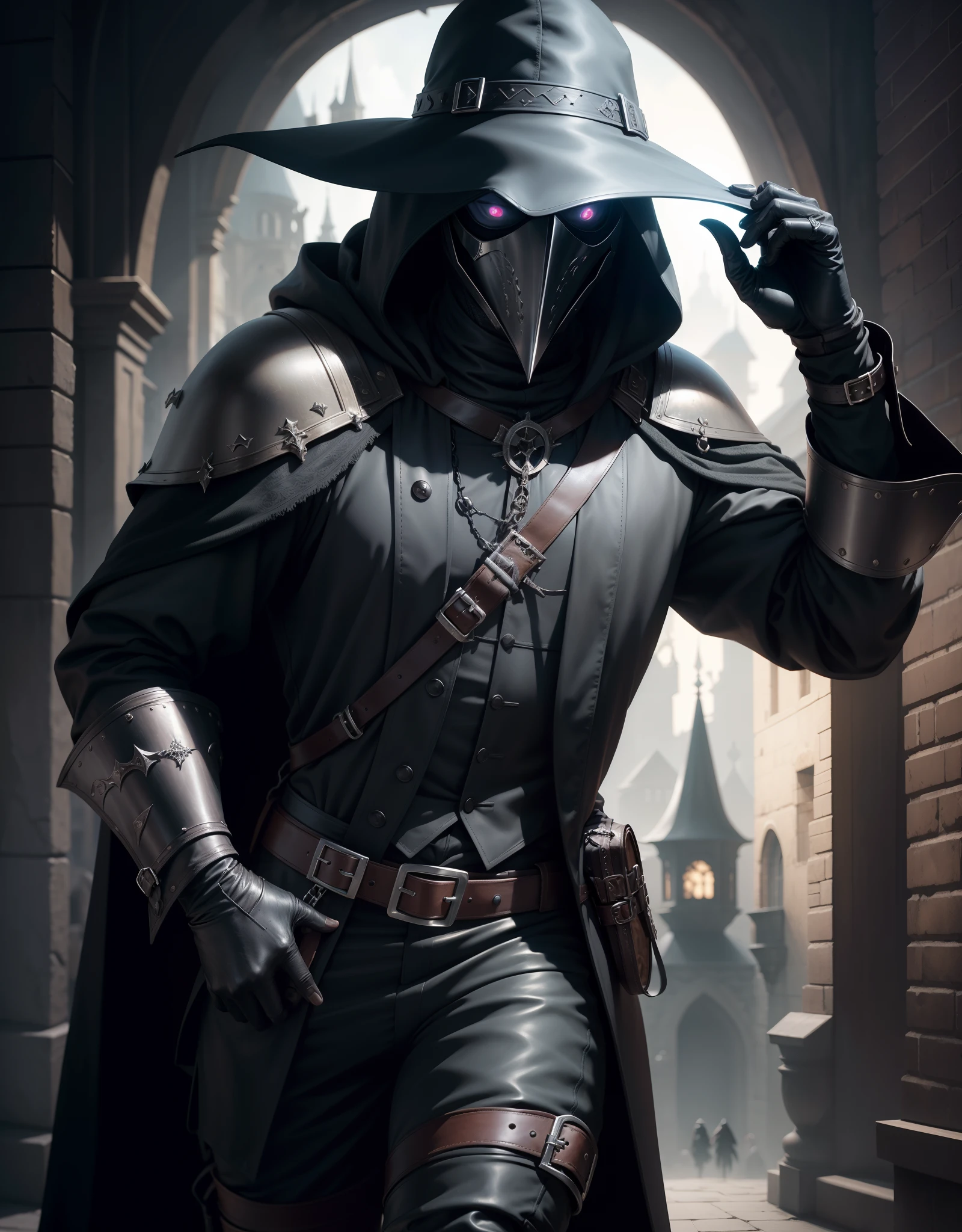 Male Plague Doctor, Fantasy, Cinematic, ультрадетализация 4k, leather pants, Medieval Armor, black hat, Mask with beak