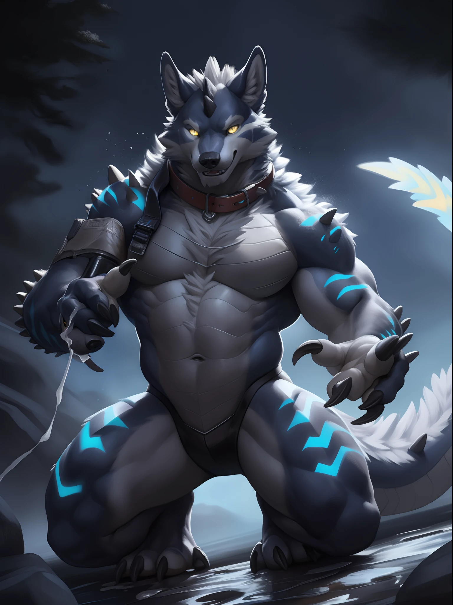 Solo, Male, (Muscular), sacrifices, (male anthro wolf):1.3, grey body,Kneel, (Kamimei):1.3, (komono:1.4) (DOA):1.23, Detailed eyes, lizard tail,A pair of dragon horns, A pair of dragon wings,((half-body portrait)), (Detailed eyes, Yellow eyes are always red, Grey rind,blue stripe,Sharp claws,Cute beast claws,drools,Fluid spills from the lower body,Milk spilled all over the floor,glowing light eyes):1.1, (exteriors:1.35), the night, Be red in the face,standing on your feet,Collar,submit to,drunk,enjoying,looking to the camera,Extend your palm to the camera,having fun(Particle,glowworm,blue glowing):1.3,detailedbackground,realisticlying,realistic hand,8k hdr,(Dark shadows,Wide dynamic range,hdr,low-light:1.2),author(pino daeni,(author:by ruaidri),author:virtyalfobo)