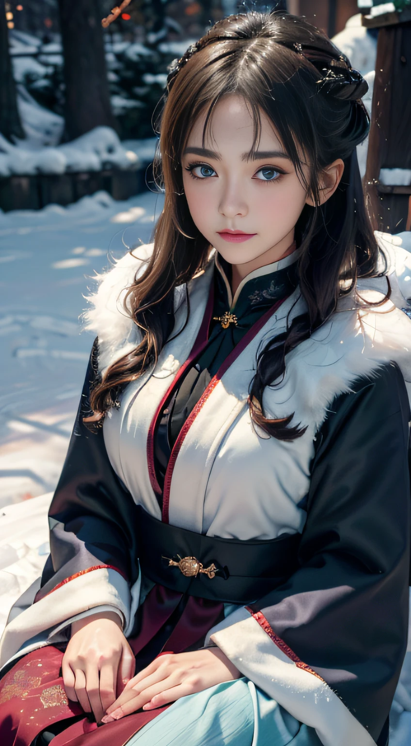 ((Works of masters))，(超高分辨率)，1 girl,Glowing eyes，Tears of sadness， Sitting, Lolita costume，Cloak (Snow, Snow，Outdoor activities in winter:1.2),snowfield，Blue eyes，Illustrations of the highest quality，A meticulous face