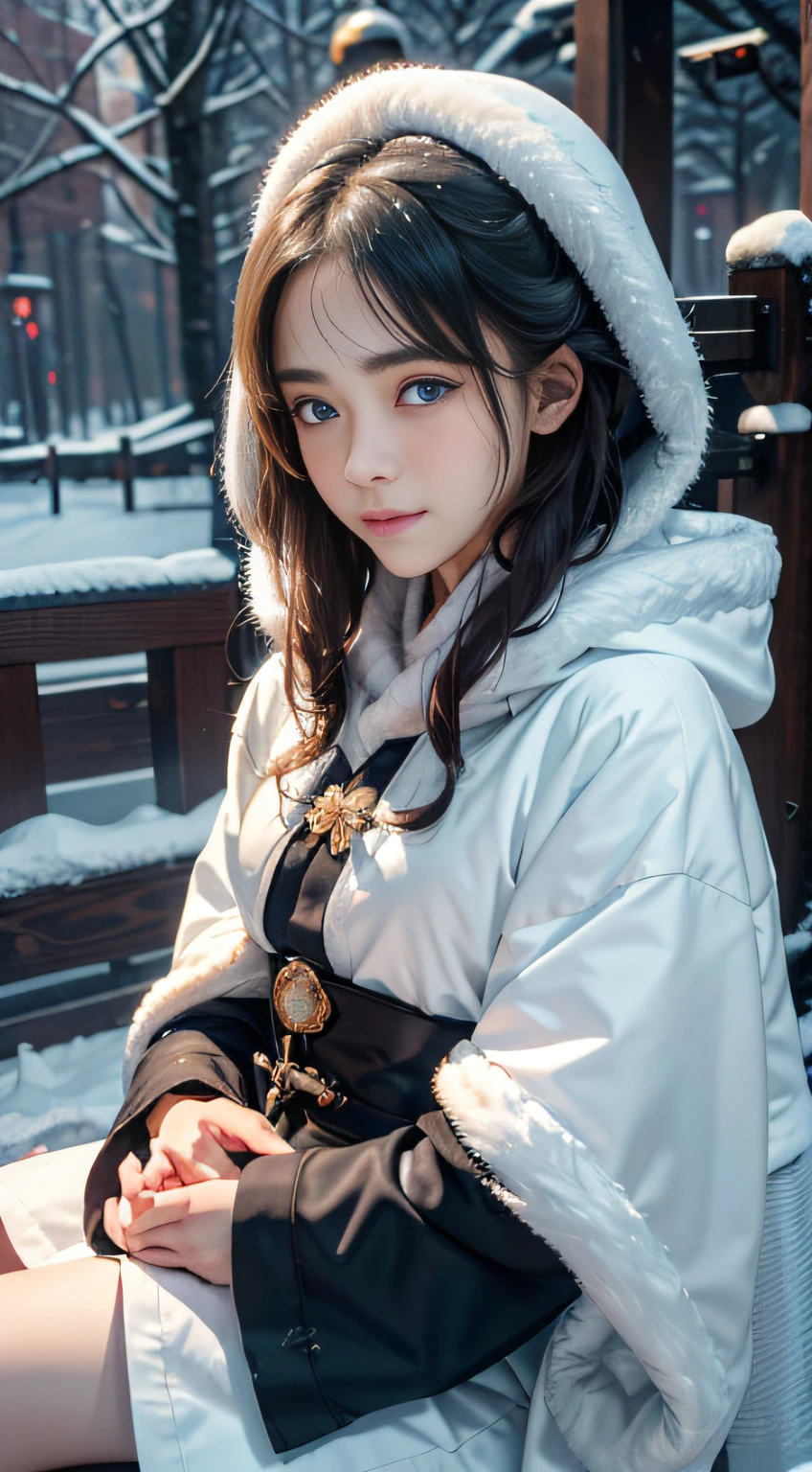 ((Works of masters))，(超高分辨率)，1 girl,Glowing eyes，Tears of sadness， Sitting, ****ta costume，Cloak (Snow, Snow，Outdoor activities in winter:1.2),snowfield，Blue eyes，Illustrations of the highest quality，A meticulous face