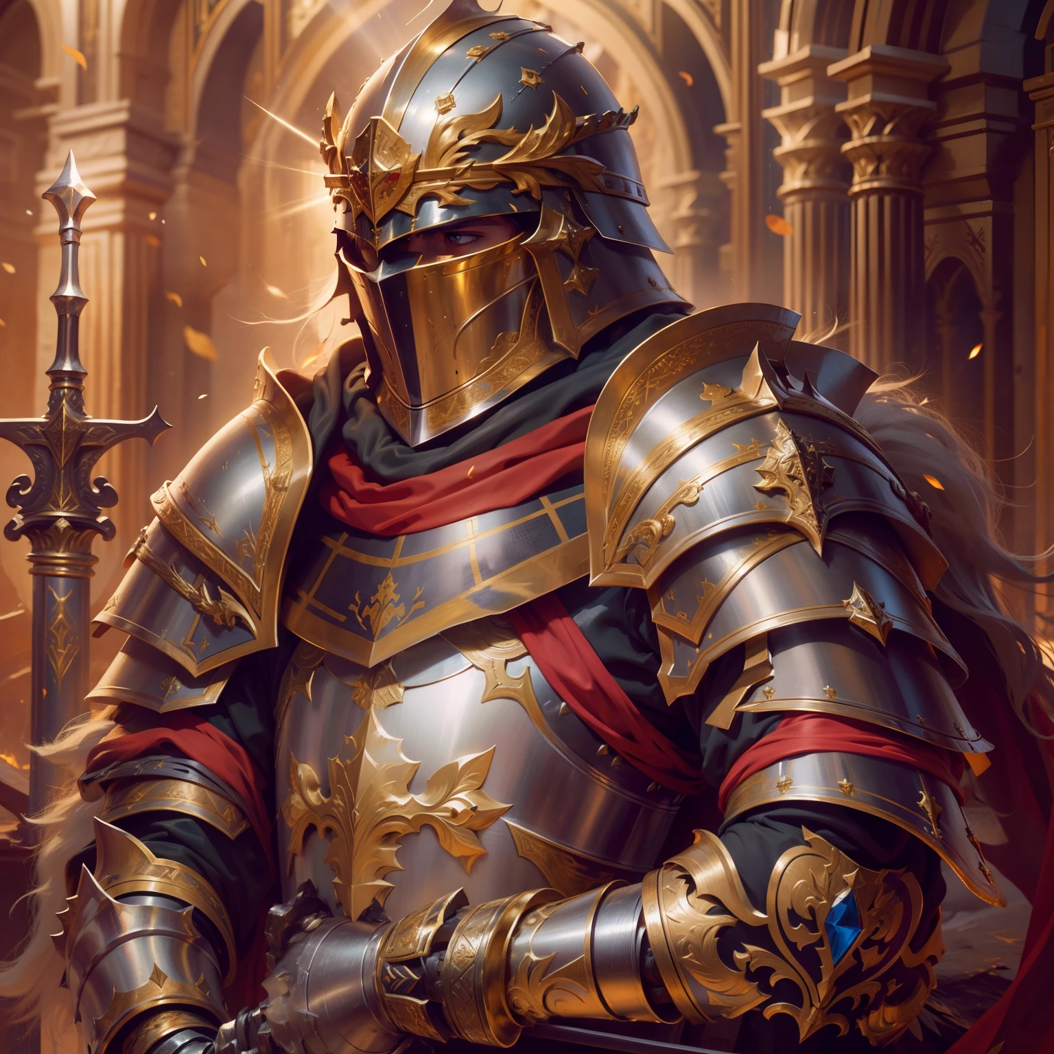 Highly detailed portrait of a royal knight,Heavy armor,shelmet,epee,big sword,Cross sword,sword,golden colored,holy rays,god light,medieval times,Noble,setia,Servant of Jesus,Solemn,epic fantasy digital art,devout,tmasterpiece,8K,high definition resolution,Detailed detail drawing,high qulity