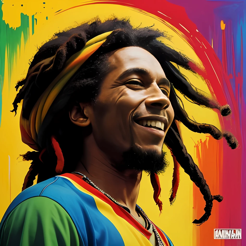 "Reggae legend Bob Marley in a vibrant and captivating artwork."