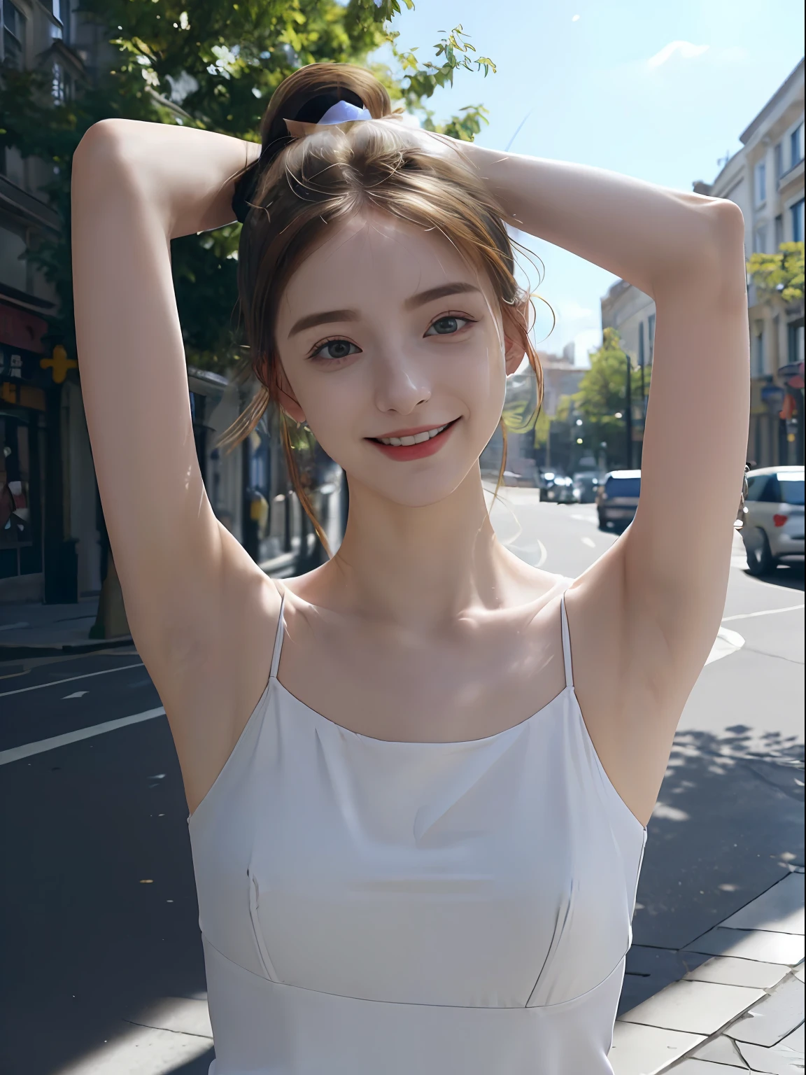 ((Show underarms、Armpit、Detailed armpit wrinkles、Raise your hands to show your armpits、in a street、In the city、Looking here、A smile、bright sunlight on the body、high-ponytail Hairstyle、More detailed armpit skin、Underarm wrinkles、Black armpits、Darker armpit color))、top-quality, (reallistic:1.3), (真实感, Hyper-Realism:1.2), 1girl in, a white girl, (masterpiece), Convoluted (High Details), Detail skin, Short:1.2, (High Details:1.1), NSFW, HighDynamicRange, (beauitful face), Hillez, Directional writing, foco nítido, full body Esbian