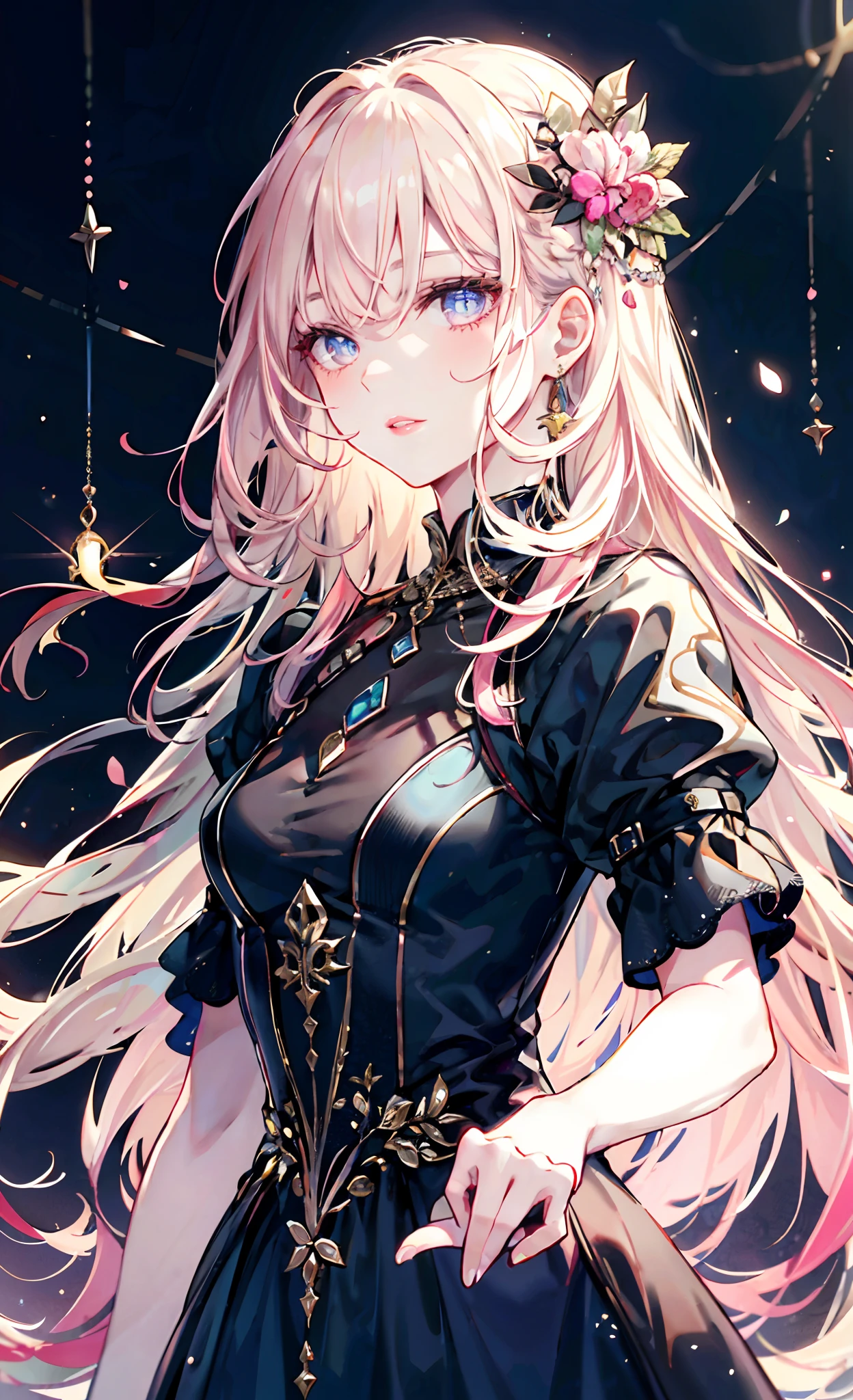 (Complete head：1.9)，meticulous portrayal of face，1 noblewoman，a matural female，Black dress long dress，Pink Long Hair，dark night background，Prom，  s the perfect face， perfect hand， Perfect Finger， Perfect lips， perfect  eyes， Perfect background
