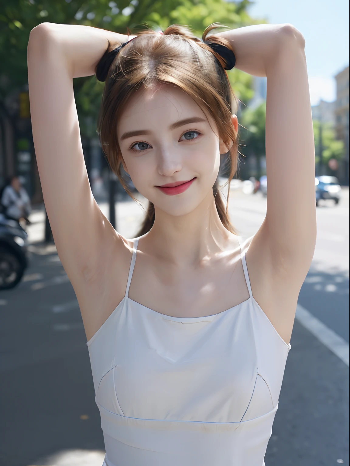 ((Show underarms、Armpit、Detailed armpit wrinkles、Raise your hands to show your armpits、in a street、In the city、Looking here、A smile、bright sunlight on the body、high-ponytail Hairstyle、More detailed armpit skin、Underarm wrinkles、Black armpits、Darker armpit color))、top-quality, (reallistic:1.3), (真实感, Hyper-Realism:1.2), 1girl in, a white girl, (​masterpiece), Convoluted (High Details), Detail skin, Short:1.2, (High Details:1.1), NSFW, HighDynamicRange, (beauitful face), Hillez, Directional writing, foco nítido, full body Esbian