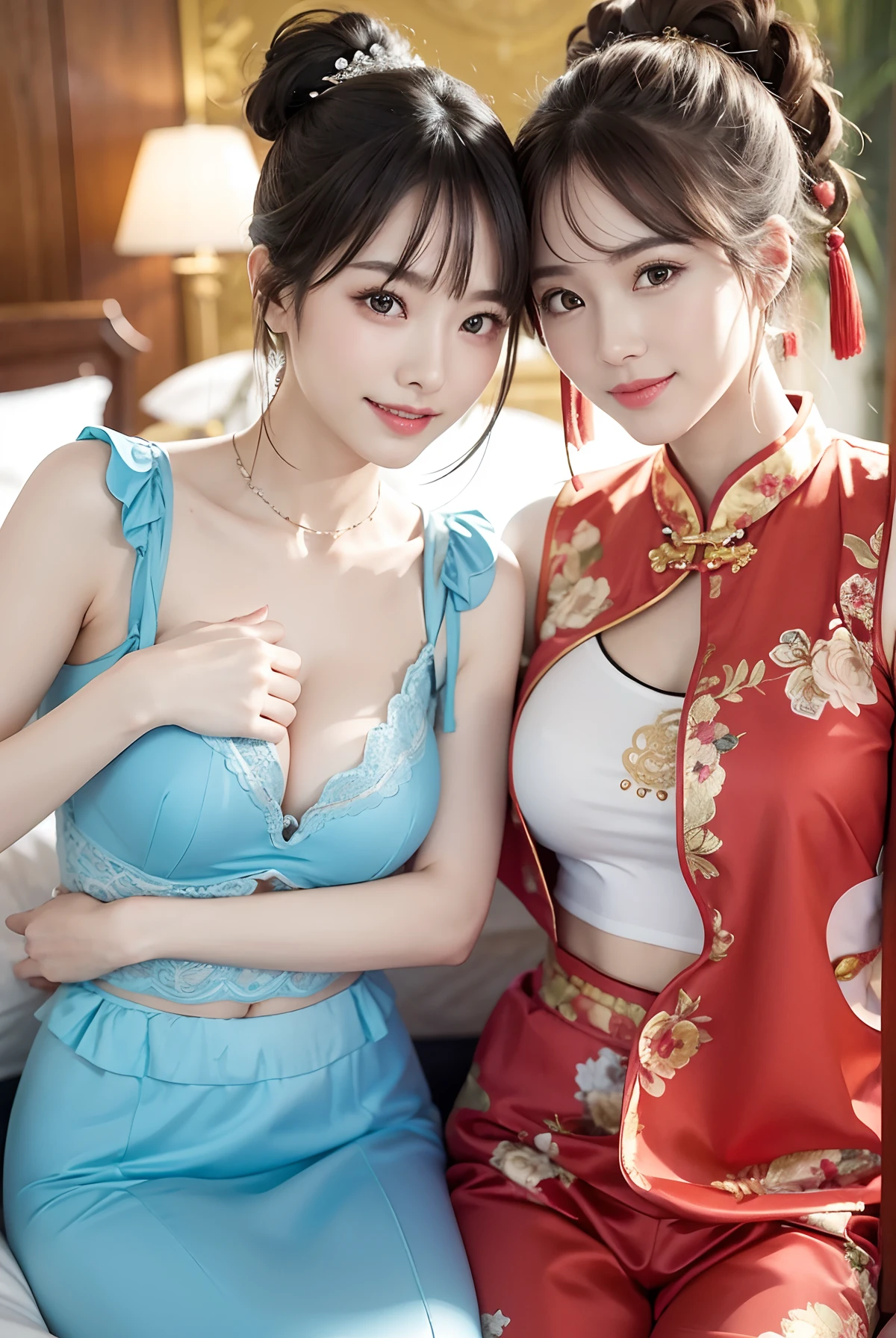 Multiple beauties touching each other, Light clothes, Sleeveless, Two women posing on bed for a photo, Surreal full-body figure, Beautiful and detailed body and face, gorgeous figure, pony tails, Clear, Smile, Moaning, Tease, Surreal full body body, Beautiful and detailed body and face, Extra-long viewing angle, Fair skin, Bright colors, Asian,Blurry, Chinese clothing underwear