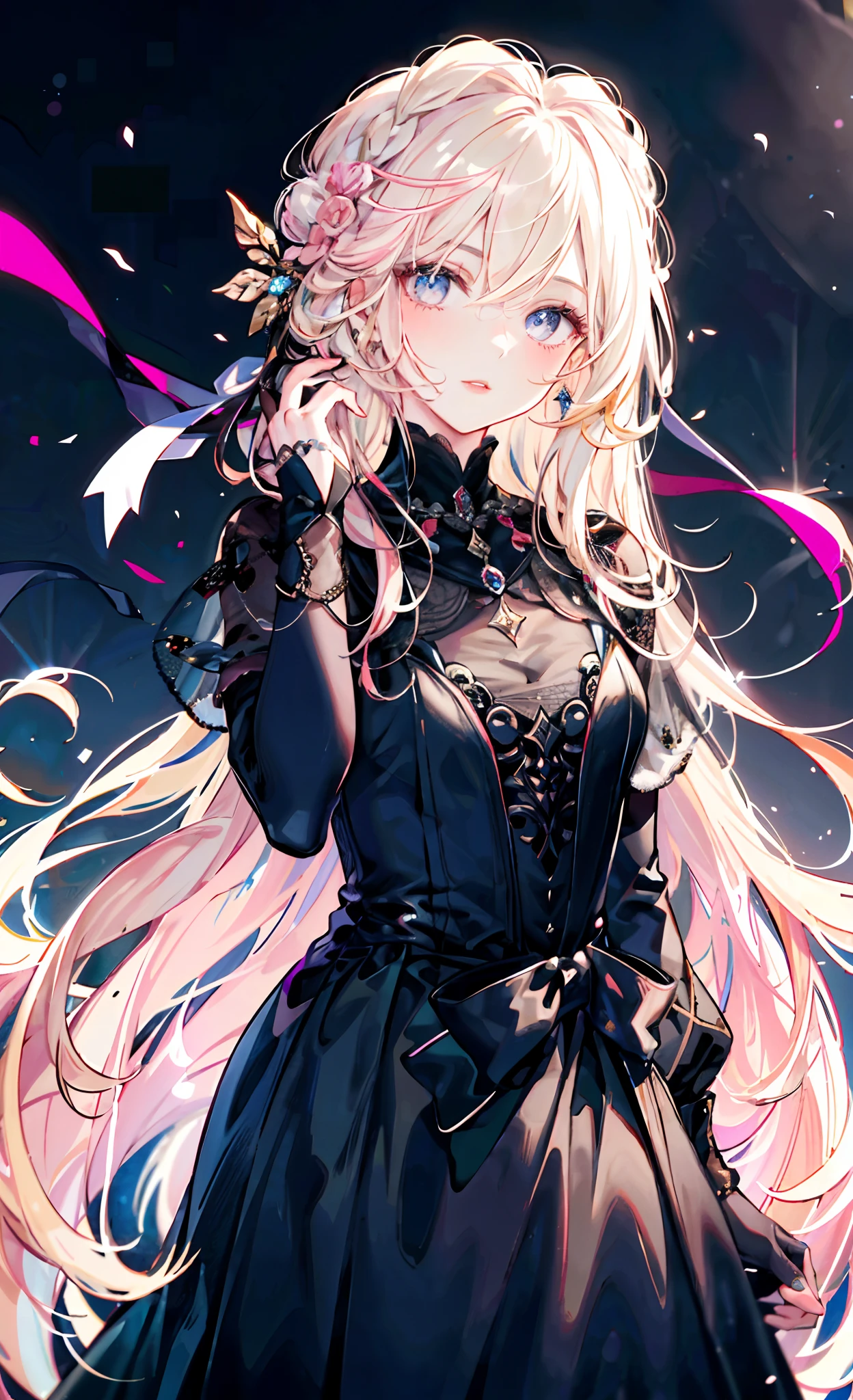 (Complete head:1.9),meticulous portrayal of face,1 noblewoman,a matural female,Black dress long dress,Pink Long Hair,dark night background,Prom, s the perfect face, perfect hand, Perfect Finger, Perfect lips, perfect eyes, Perfect background