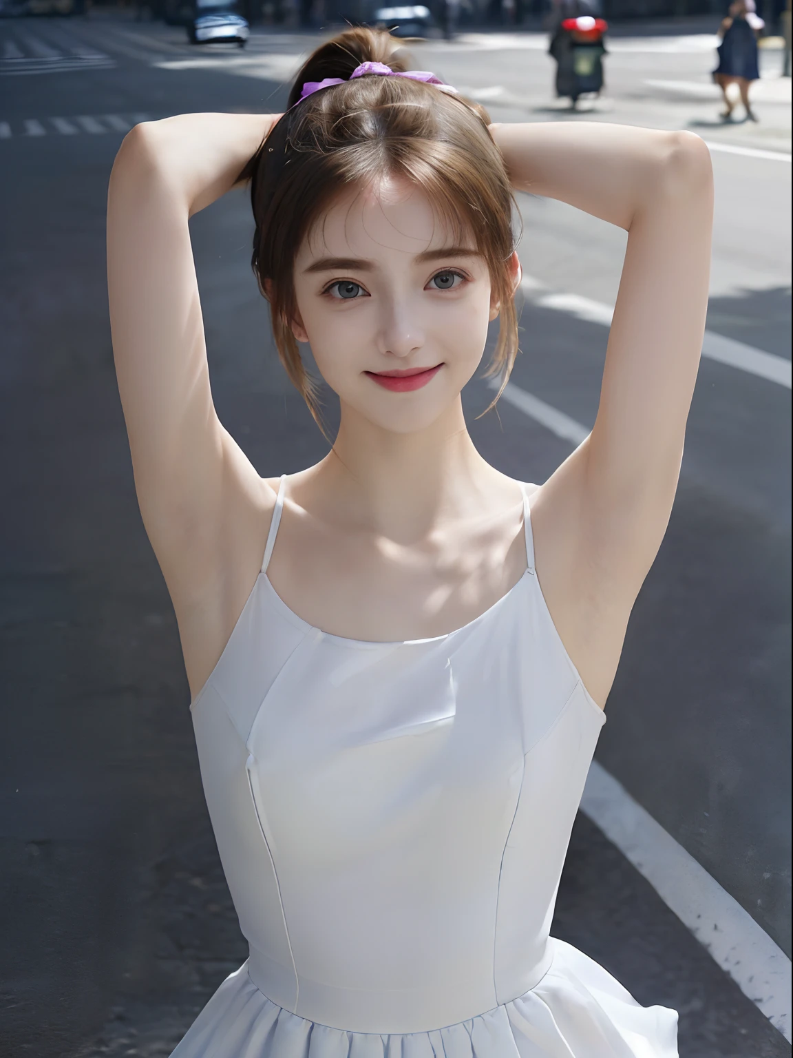 ((Show underarms、Armpit、Detailed armpit wrinkles、Raise your hands to show your armpits、in a street、In the city、More detailed underarm skin、There are wrinkles under the armpits、Little black armpits、a smile、Brightly lit by sunlight on the body))、top-quality, (reallistic:1.3), (真实感, Hyper-Realism:1.2), 1girl in, a white girl, (masterpiece), Convoluted (High Details), Detail skin, Short:1.2, (High Details:1.1), NSFW, HighDynamicRange, (beauitful face), Hillez, Directional writing, foco nítido,