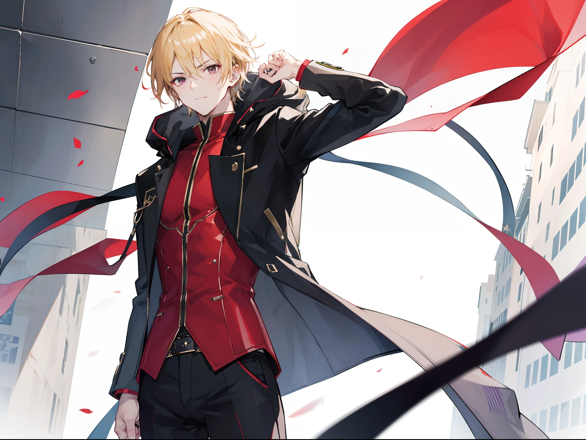"Generate a 4k image of the badass male, with hairstylist blonde hair, purple eyes, arrogantly, standing confidently, wearing a black fantasy coat and hood."