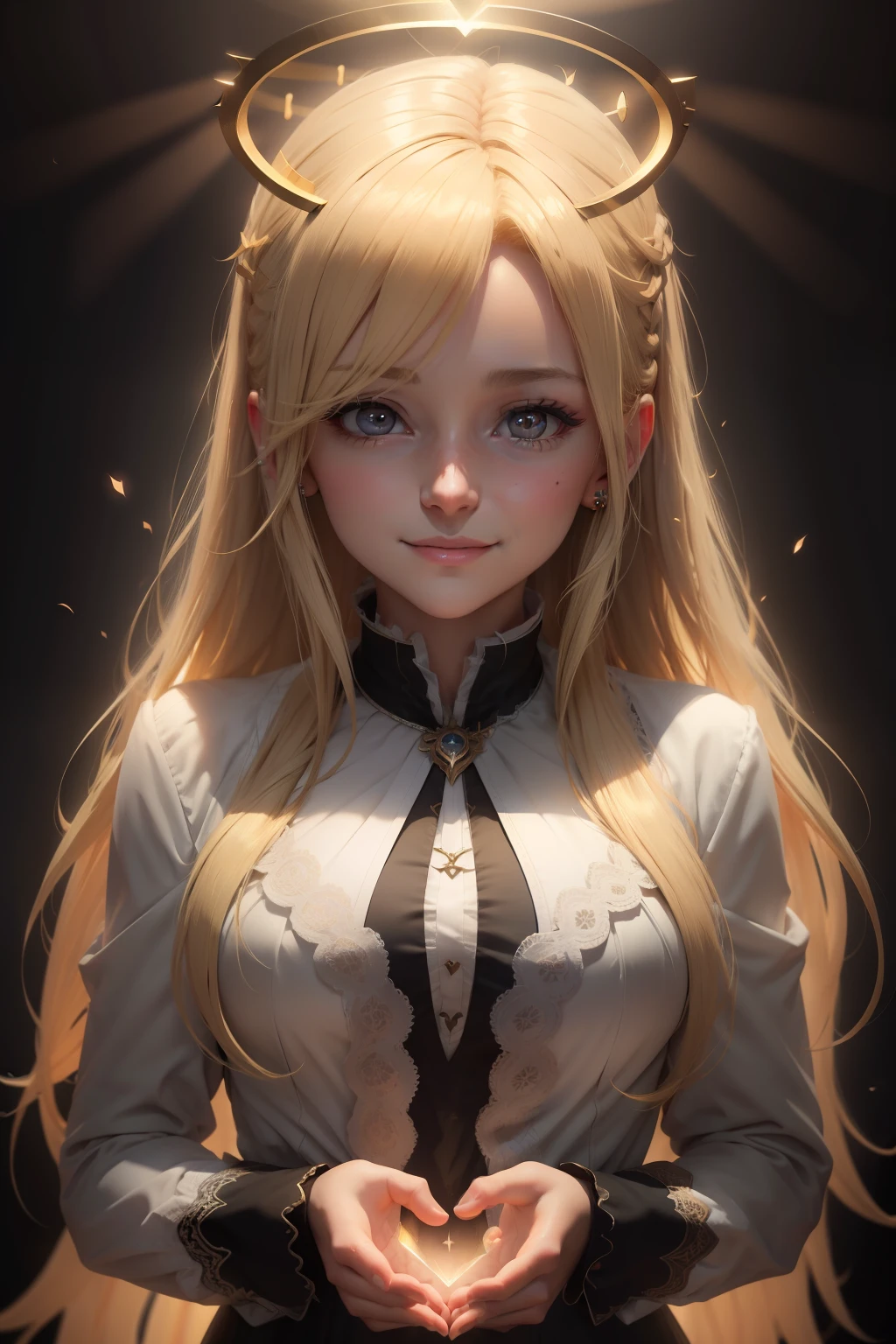 blonde hair, halo, heart-shaped pupils, heart earrings, light smile, Romanticism, Gothic art, backlighting, god rays, sparkle, cinematic lighting, chiaroscuro, afterimage, Eye-Level Shot, high quality, high details, UHD, anatomically correct