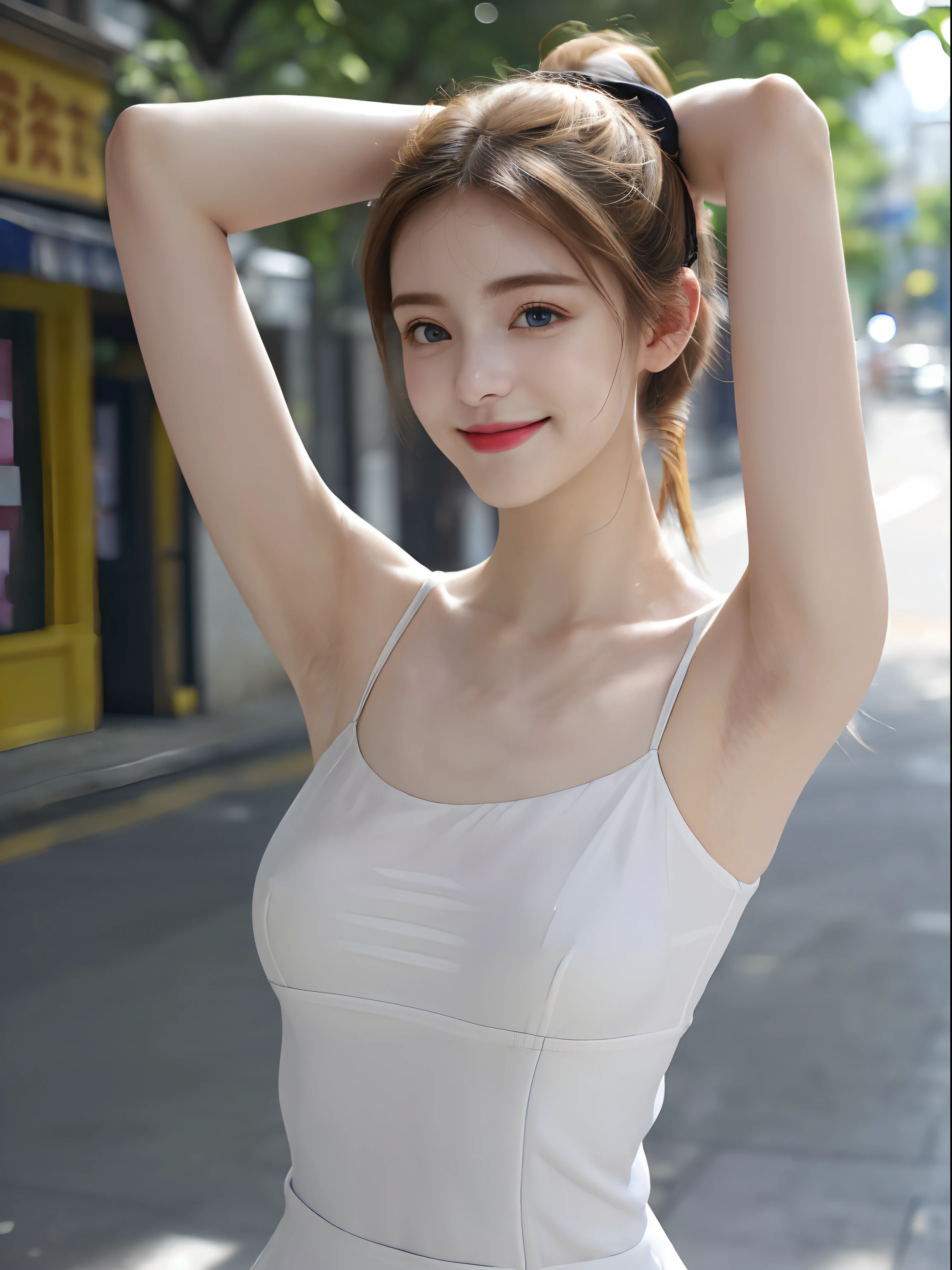 ((Have armpit odor、armpit、naked apron、Take a full body photo、Show hands and armpits、I'm only wearing an apron、sweating、glowing skin、Detailed armpit wrinkles、Have armpit odor、Sixteen years old、Naked in apron、armpit odor、Gaze at the viewer、smile slightly))、(surreal), (revelation), (high detail), (8k), (high detail), (The best revelationns), (Beautiful and delicate eyes), (top quality), (Super detailed), (Masterpiece), (wallpaper), (Detailed face),covered in sweat,Upper body upward,hairy armpits,high ponytail hairstyle、light red lipstick、,simple white apron、a girl, ((Small apron for toddlers、Cleavage exposed、All cleavage is gone、standing outside the cafe、Outside the store、Naked in front of a store))、Japanese,