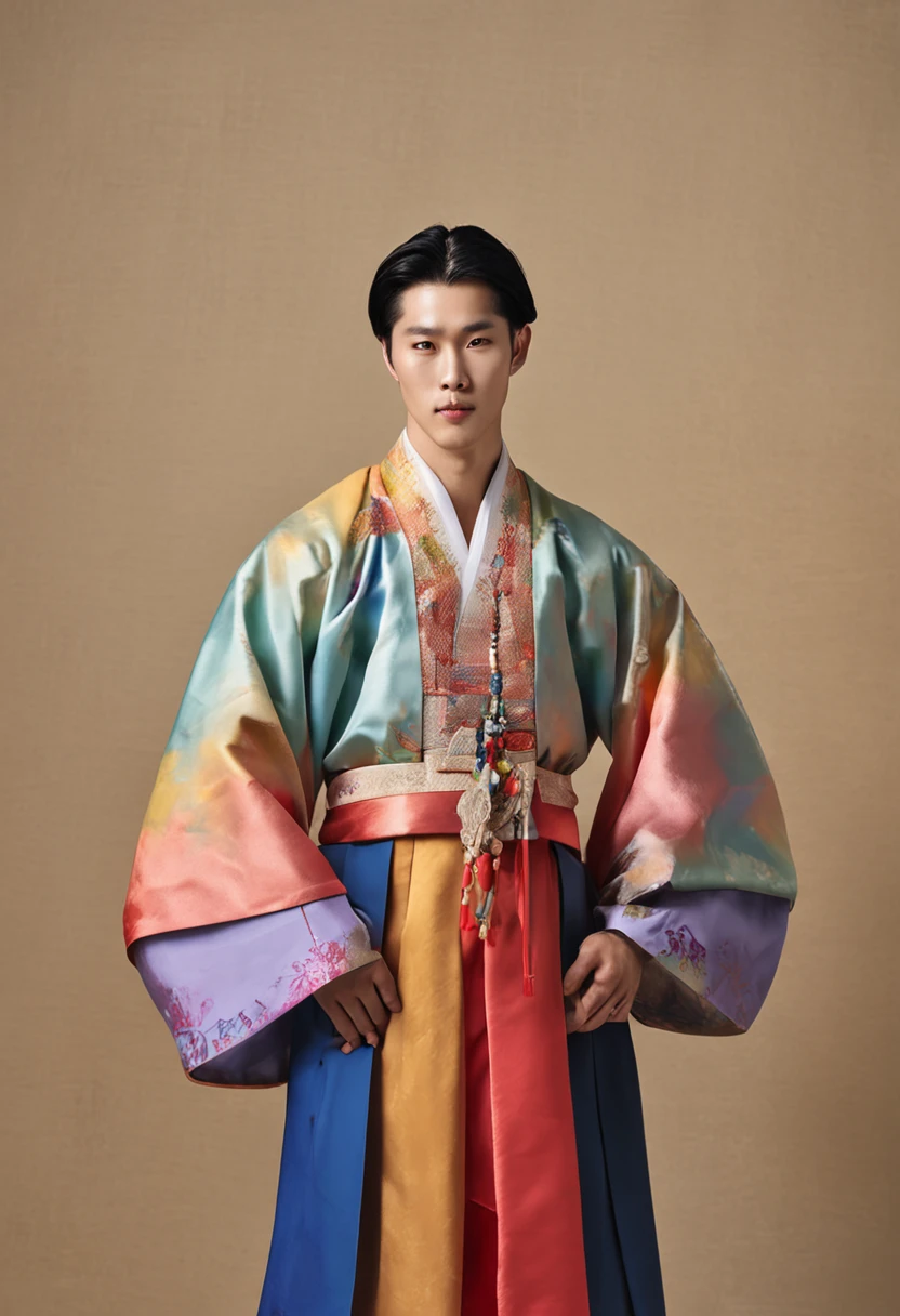 23 years old male, 独奏, prince, Stunningly beautiful, (topquality、8K、12)、tmasterpiece、NFFSV:1.3)、 hight resolution,(photorealestic:1.4),RAW photography, Detailed Face, beautiful hair, Men's hanbok,, Korean Traditional Hanbok, Thicc Body, 、natural makeup, , Inside the palace, Looking into the eyes of the viewer, in profile, Detailed background, perfect  lighting, Depth of field, Beautiful shadow gradient, ,