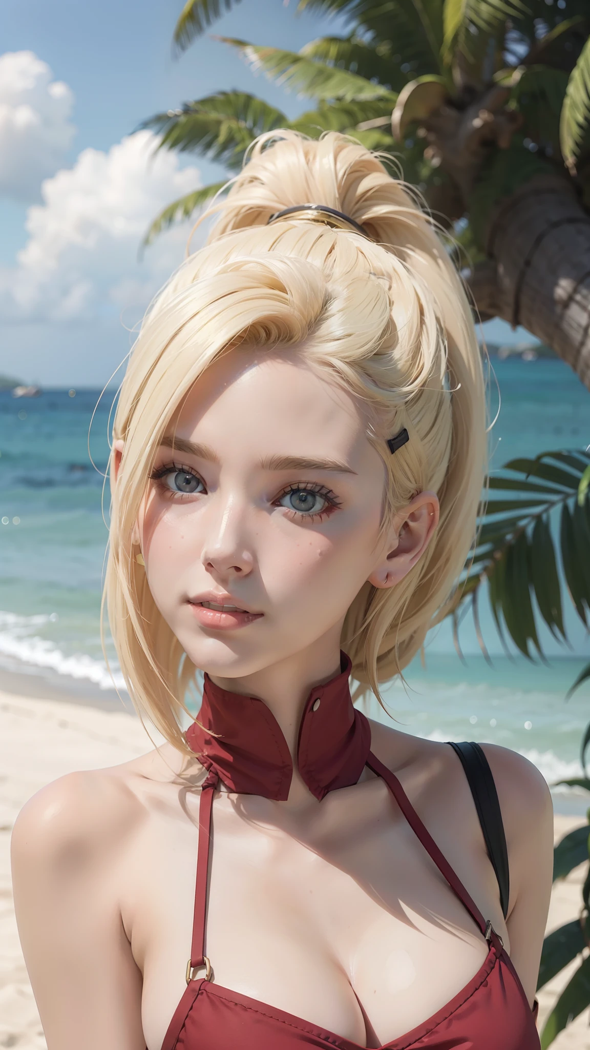 Yamanaka Ino anime seductive， 1girl ,Close-up shot，ssmile，Be red in the face，blond hairbl，Portrait photo，looks into camera，tmasterpiece，beachside，sandbeach，Greenery，sfw，Frontal photo，looks into camera，perfect bodies