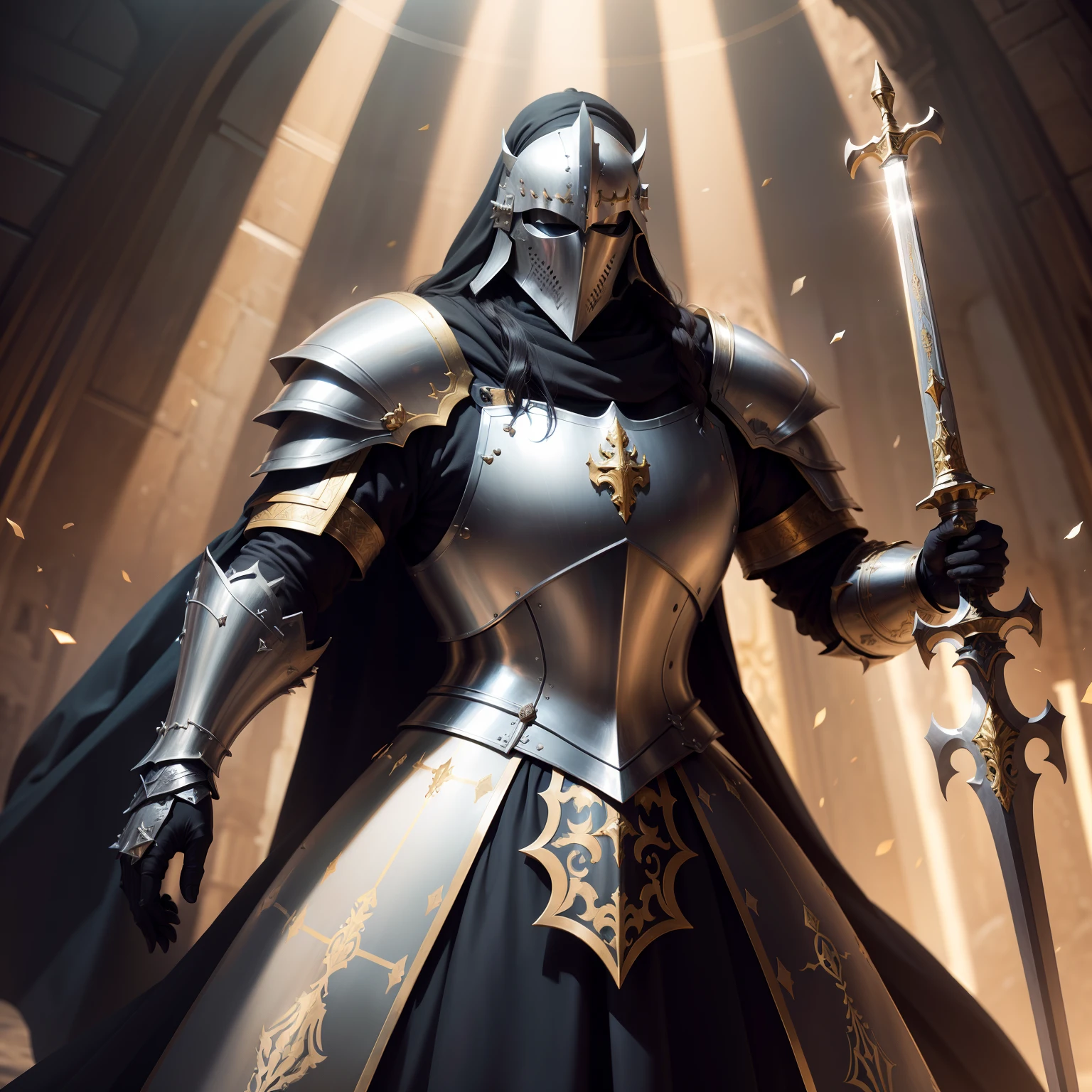 Highly detailed portrait of a royal knight,Heavy armor,shelmet,epee,big sword,Cross sword,sword,golden colored,holy rays,god light,medieval times,Noble,setia,Servant of Jesus,Solemn,epic fantasy digital art,devout,tmasterpiece,8K,high definition resolution,Detailed detail drawing,high qulity