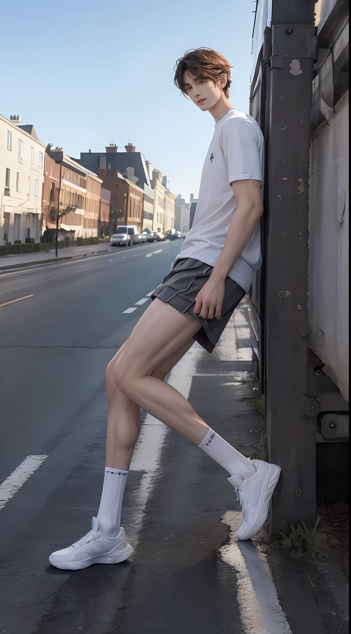 (((Best quality))),(((Ultra detailed))),(((Masterpiece))),(Cute tall Shota:2),(is a giant:2),The height of a volleyball player,solo person,(full bodyesbian:3),(Stay away from the lens:3),Expose your legs,(revealing the whole body:2),(Frontal heads-up view:1.2),malefocus,(looking at viewert),ers old,(Tall:3),(Tall guy:2),Super tall,(Height 300 cm:2),Excellent body proportions,muscular physique,(1.The shoulders are 5 times wider:1.2),(Slender straight legs:2.5),Slender feet,small heads,musculous,(The face of the animated male protagonist),Pure face,(Very detailed beautiful face and eyes:2),(Big bright eyes:1.2),Sharp eyeliner,Clear and beautiful face,exhilarated,(Happy smile:3),short detailed hair,(Correct facial features),(tilts your head:1.5),(school uniform for boys:2),Long white socks,big feet,Basketball shoes,(Muscle firming:2),Strong,(Wide shoulders and narrow waist:2.2),Sports men's socks,Detailed muscle texture,Highlights muscle structure,Have on the street,(Kneel upright:4),(full length shoot),ultra-realistic realism, (Photorealistic detail), Incredible accuracy, lifelike textures, masterful technique, Jaw-dropping precision, artistic dedication,(anatomy correct),Good lighting,exquisite detailing,Best quality,stunning masterpiece,CG,(Colored screen)