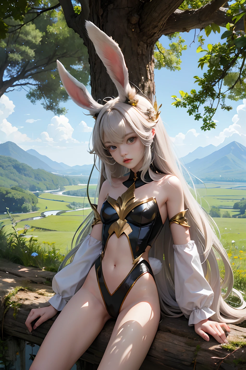 Beastman、Rabbit Woman、cute little、Super slender body、the whole body is covered with hair、Small body、Forest and steppe landscape、