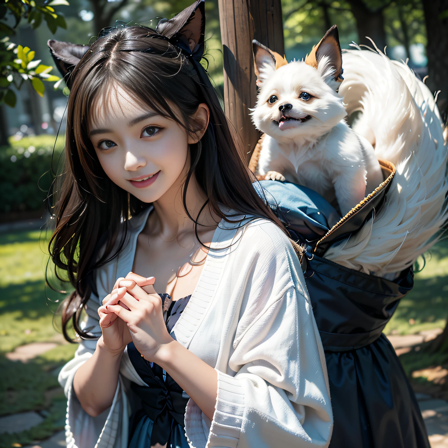 (Front focus)、(Dark: 1.6)、White cardigan、Blue dress、thighs visible、walking at the park、Poplars on both sides、Holding a cute little bag at an angle、Hands behind your back、Dynamic lighting、art stations、Volume lighting、extra detailed face、4 k''、Award-winning、 1 rapariga、Dark bran hair、Hair that grows to the shoulders、The best smile、Smiling eyes、二重まぶた、