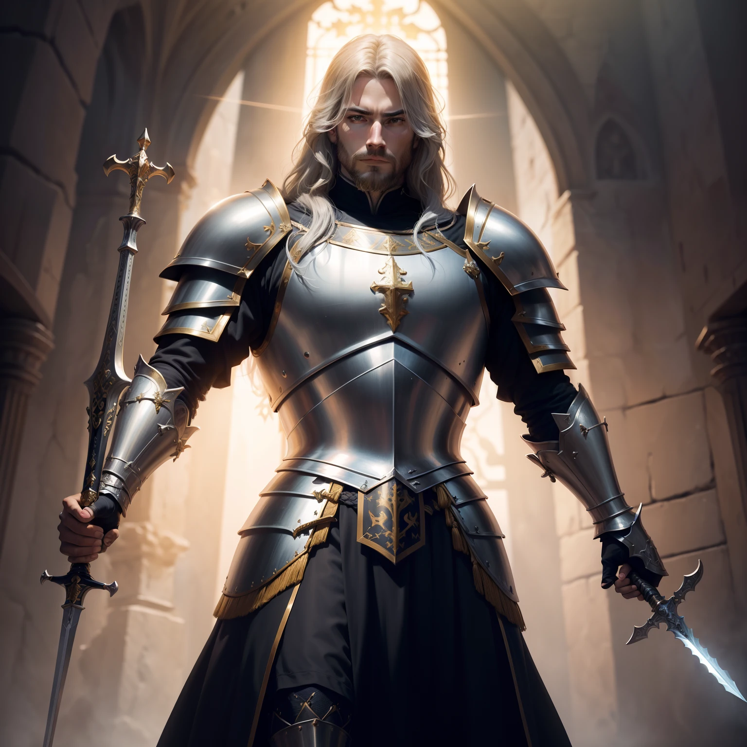 Highly detailed portrait of a royal knight，Heavy armor，epee，big sword，Cross sword，sword，golden colored，holy rays，god light，medieval times，Noble，setia，Servant of Jesus，Solemn，epic fantasy digital art，devout，tmasterpiece，8K，high definition resolution，Detailed detail drawing，high qulity