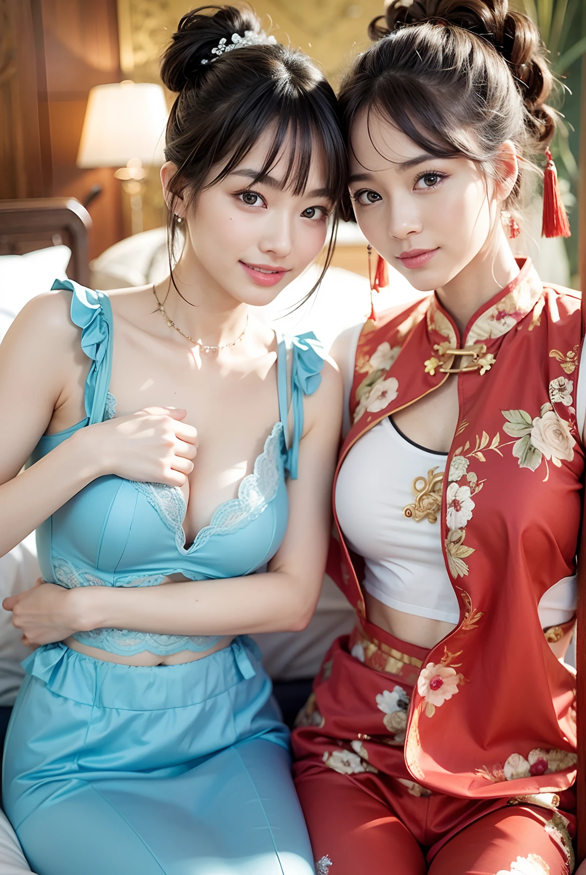 Multiple beauties touching each other, Light clothes, Sleeveless, Two women posing for a photo on bed, Surreal full-body figure, Beautiful and detailed body and face, gorgeous figure, pony tails, Clear, Smile, Moaning, Tease, Surreal full body body, Beautiful and detailed body and face, Extra-long viewing angle, Fair skin, Bright colors, Asian,Blurry, Chinese clothing underwear