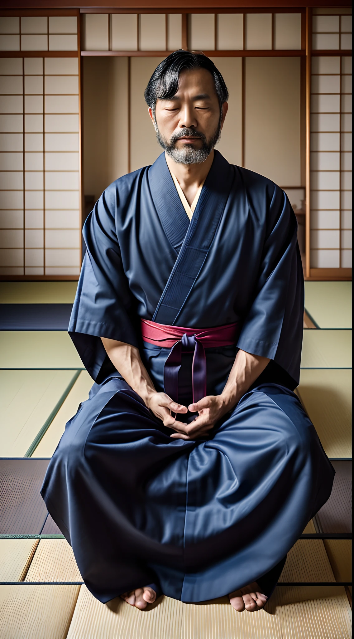 (8K UHD、RAW Photography、Photorealsitic:1.5、Digital SLR、Lifelike images)、(Portrait of Japan man at 38 years old with closed eyes、Black hair tied in a knot、short beard、Rin々A dignified face、Very delicate skin、Skin details)、(Men's haori hakama based on dark blue、Sitting and meditating)、(Shooting from front)、(traditional Japanese room、Wabisabi、Japan garden and beautiful blue sky in the back)