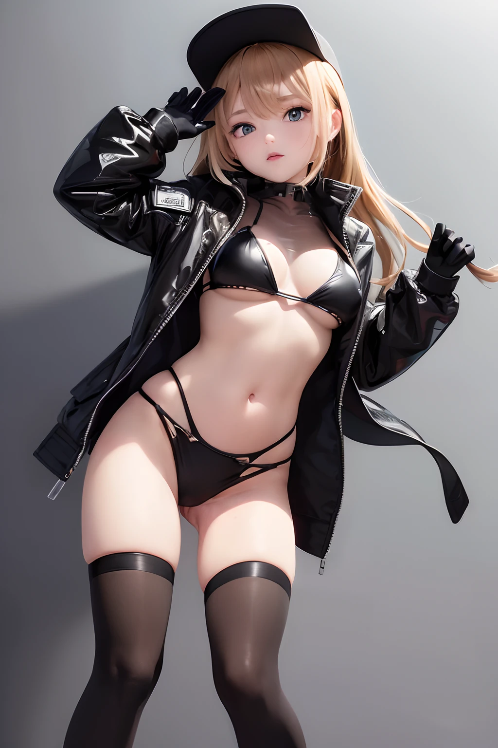 ((Best Quality, 8K, Masterpiece: 1.3)), 1 girl , ("future , techwear, jacket":1.3 ),("micro bikini , transparent pussy":1.2), (glove:1.2),("techwear, leggings, thighhighs:1.2)large breasts , thigh , (dynamic pose:1.1), wind ,future of the city