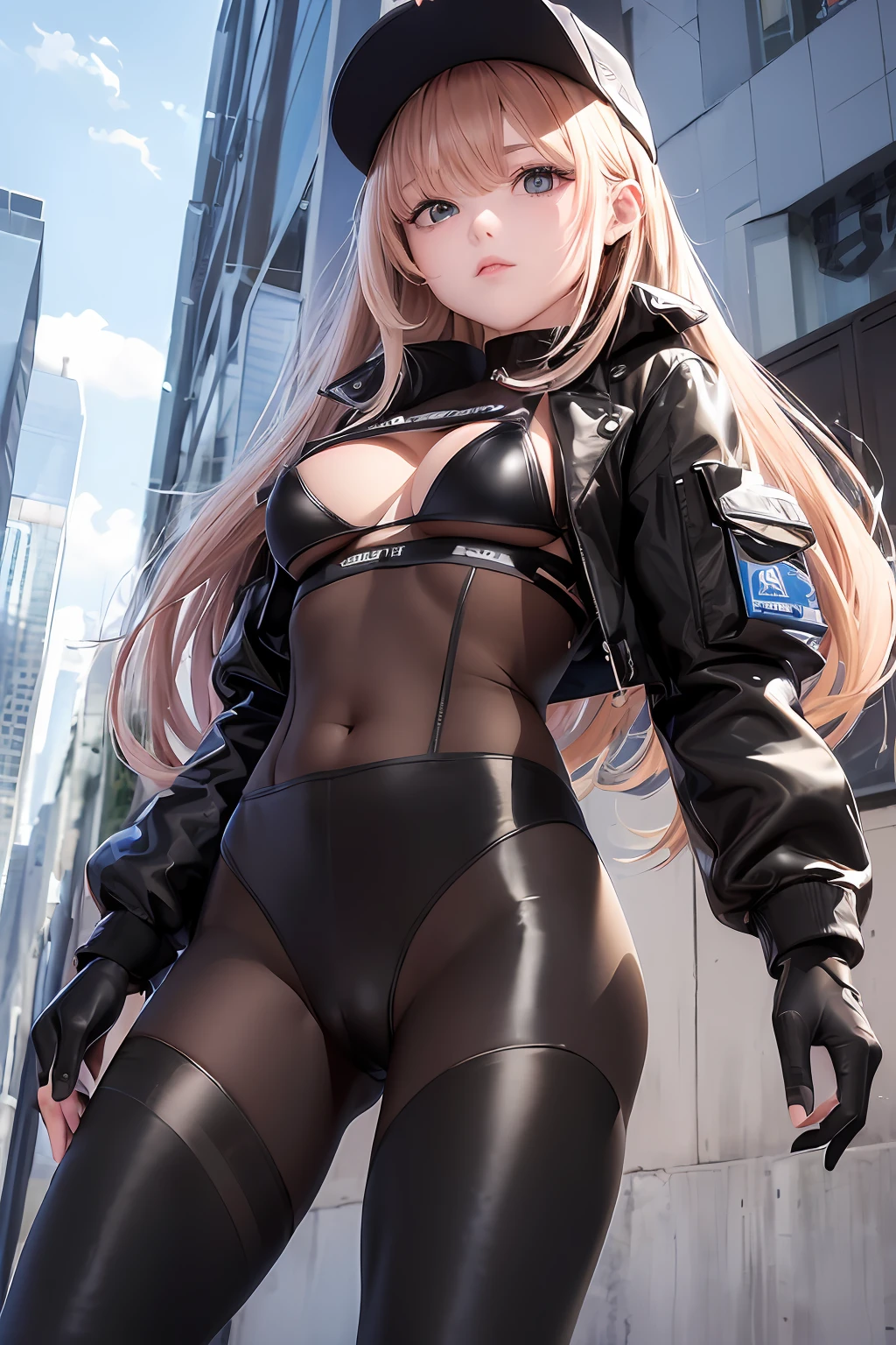 ((Best Quality, 8K, Masterpiece: 1.3)), 1 girl , ("future , techwear, jacket":1.3 ),("micro bikini , transparent pussy":1.2), (glove:1.2),("techwear, leggings, thighhighs:1.2)large breasts , thigh , (dynamic pose:1.1), wind ,future of the city