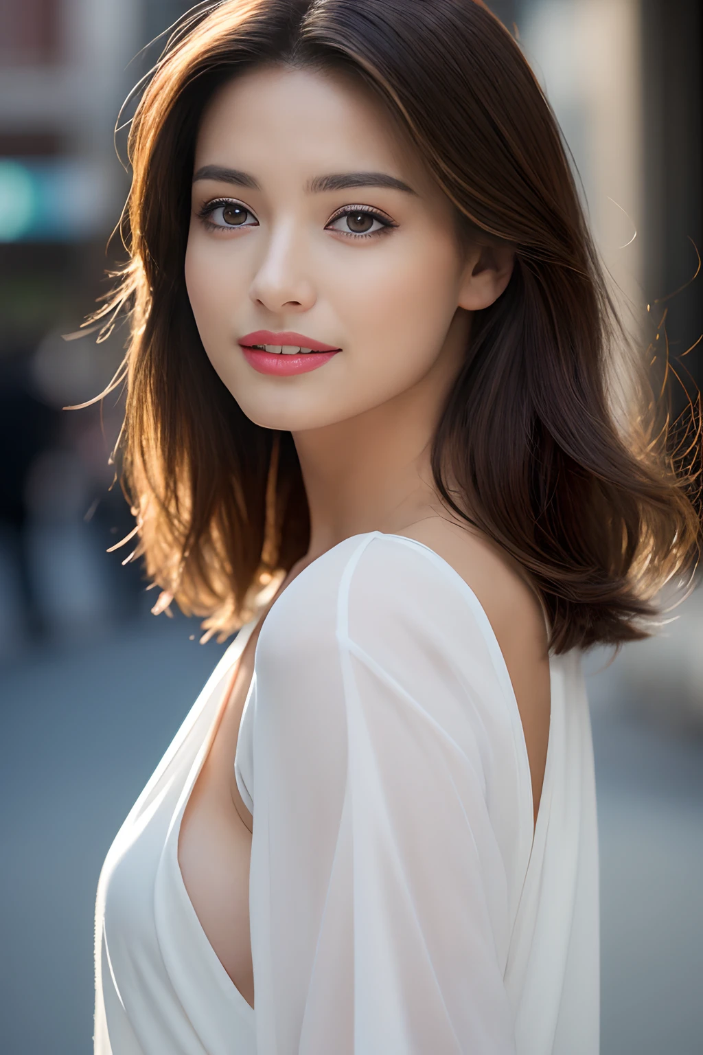 day, in a city with a lot of buildings and cars in the background, with a city street in the foreground, sunny_sky,
Walking on the street,
White_Jacket,Black_pencil_skirt,
office lady,
green_eyes,brown_hair,bangs,hair ornament,single_braid,long hair,
1 girl, 20yo,Young female,Beautiful Finger,Beautiful long legs,Beautiful body,Beautiful Nose,Beautiful character design, perfect eyes, perfect face,
looking at viewer, in the center of the image,(light_smile),
NSFW,official art,extremely detailed CG unity 8k wallpaper, perfect lighting,Colorful, Bright_Front_face_Lighting,
(masterpiece:1.0),(best_quality:1.0), ultra high res,4K,ultra-detailed,
photography, 8K, HDR, highres, absurdres:1.2, Kodak portra 400, film grain, blurry background, bokeh:1.2, lens flare, (vibrant_color:1.2)
(Beautiful,large_Breasts:1.4), (beautiful_face:1.5),(narrow_waist),