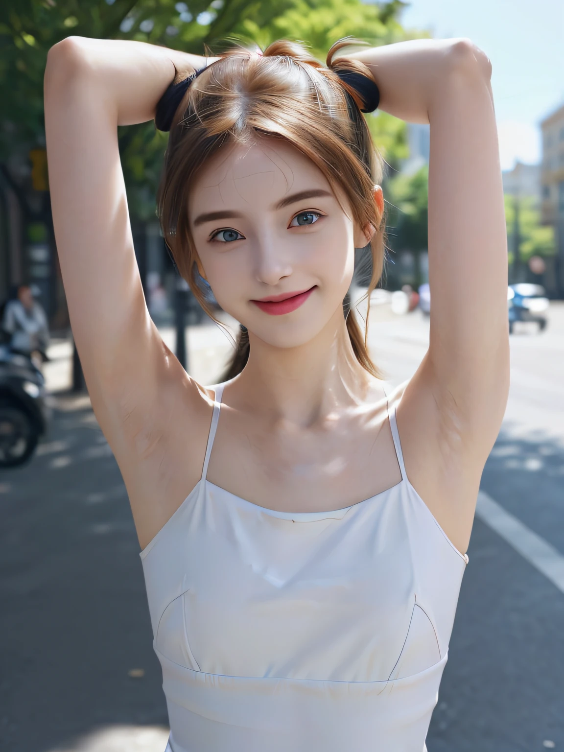 ((Show underarms、Armpit、Detailed armpit wrinkles、Raise your hands to show your armpits、in a street、In the city、Looking here、A smile、bright sunlight on the body、high-ponytail Hairstyle、More detailed armpit skin、Underarm wrinkles、Black armpits、Darker armpit color))、top-quality, (reallistic:1.3), (真实感, Hyper-Realism:1.2), 1girl in, a white girl, (​masterpiece), Convoluted (High Details), Detail skin, Short:1.2, (High Details:1.1), NSFW, HighDynamicRange, (beauitful face), Hillez, Directional writing, foco nítido, full body Esbian