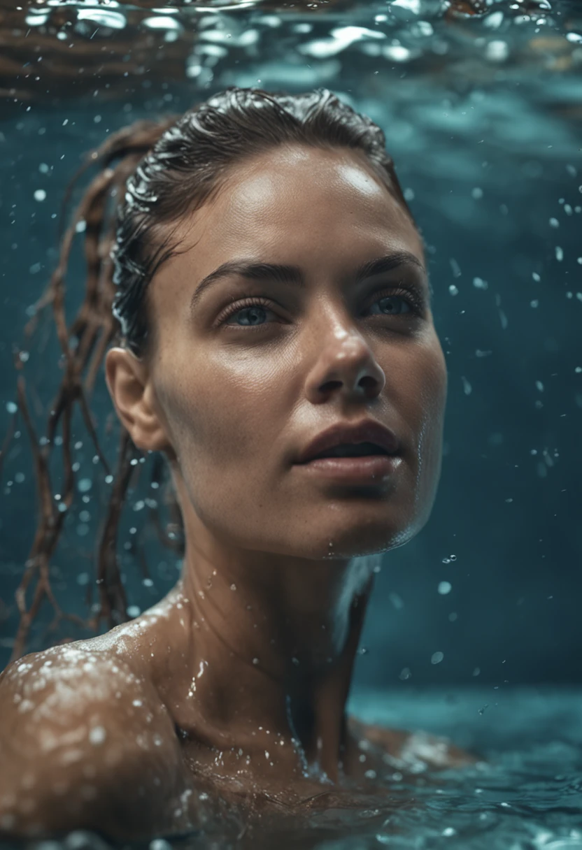 plump and rounded woman in [no clothes], dark wet hair, hourglass body, hairy skin, abs and flat belly, selfie, blue eyes, from above, blushed face, wet skin, magical realism, film grain, Polaroid, Circular polarizer, Saturated, Light sparkles, (sexy), (high quality, 8k, detailed, masterpiece:1.2), hands behind head