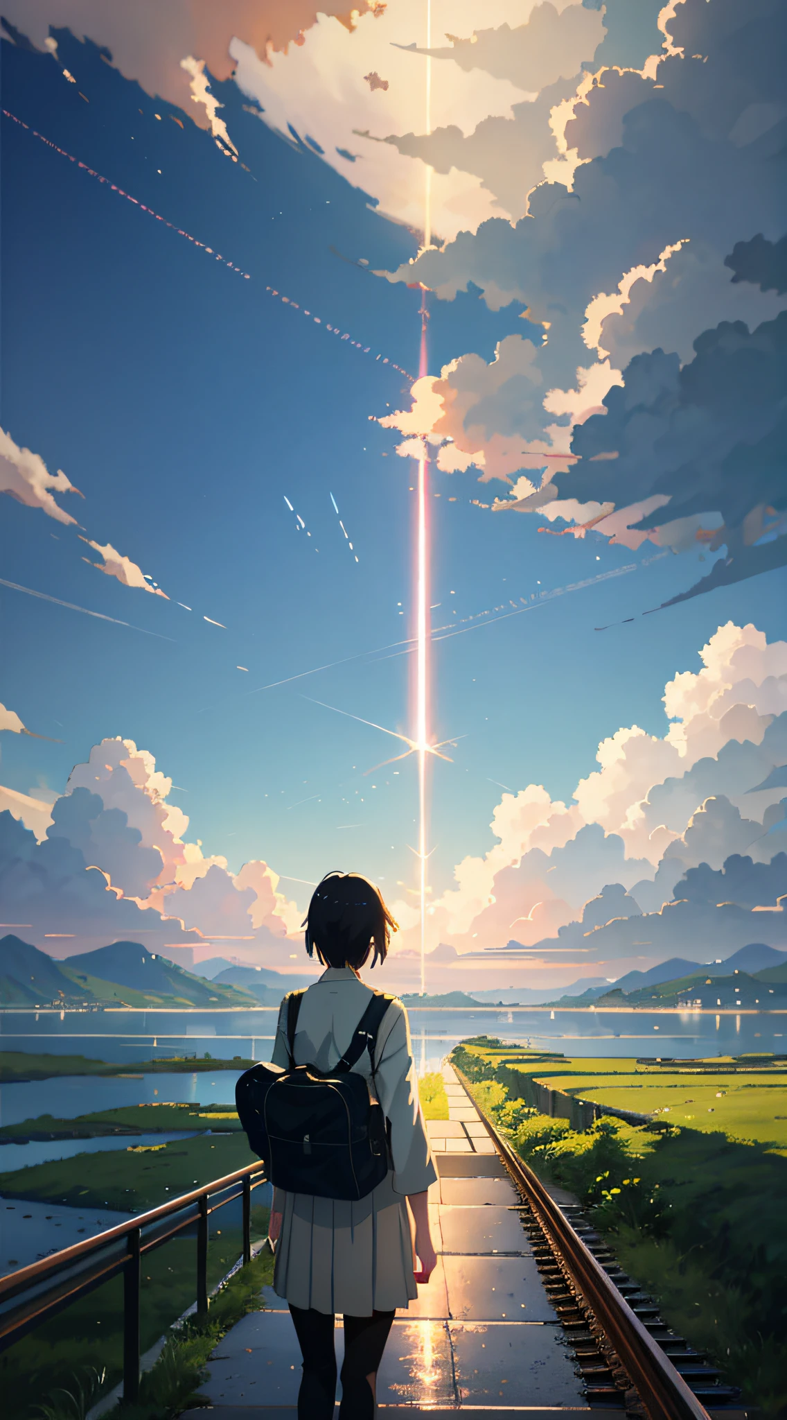 High quality masterpiece ，scenecy，Anime train passing through bodies of water on tracks， nigh sky。Romantic train，pixiv，concept-art，Lofi art style，Reflectors。 by makoto shinkai, lofi art, beautiful anime scenes, Anime landscapes, Detailed scenery —width 672, in style of makoto shinkai, style of makoto shinkai，Detail enhancement。