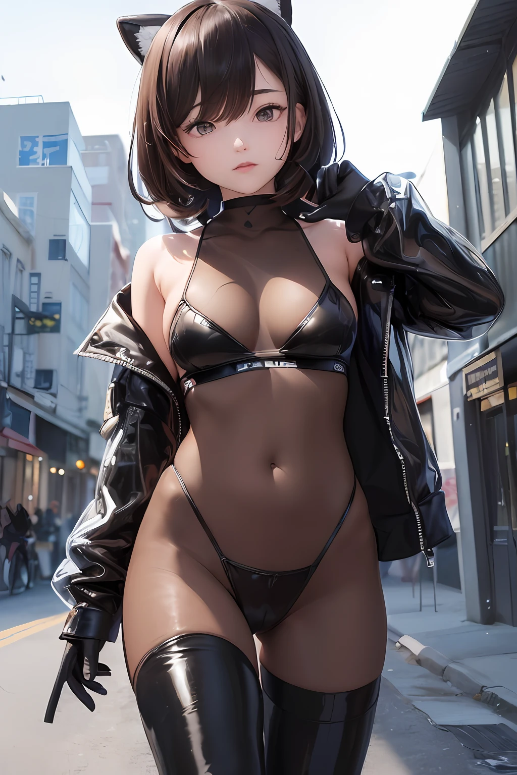((Best Quality, 8K, Masterpiece: 1.3)), 1 girl , ("future , techwear, jacket":1.3 ),("micro bikini , transparent pussy":1.2), (glove:1.2),("techwear, leggings, thighhigh:1.2)large breasts , thigh , (dynamic pose:1.1), wind ,future of the city