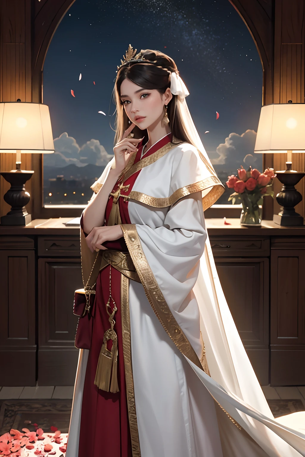 beste-Qualit, master piece, highres, (corps exquis: 1.5), visage magnifique, (peau laiteuse: 1.3), intricate high detail, high resolucion, papier peint,
1European girl, solo, robe, ornement de cheveux, (((robe or et rouge))), fleurs, cheveux longs, cheveux bruns, mouth closed, bijoux, manches longues, main haute, manches larges, grands yeux, cheveux flottants, Moroccan clothing, hanfu, broderie, jupe longue, pose naturelle, falling petals, interior, ventilateur, lanterne,
16K, HDR, high resolucion, champ de profondeur, (grain du film: 1.1), boken, Golden Hour, (Lens Flare), vignette, arc-en-ciel, (Color Grading: 1.5)