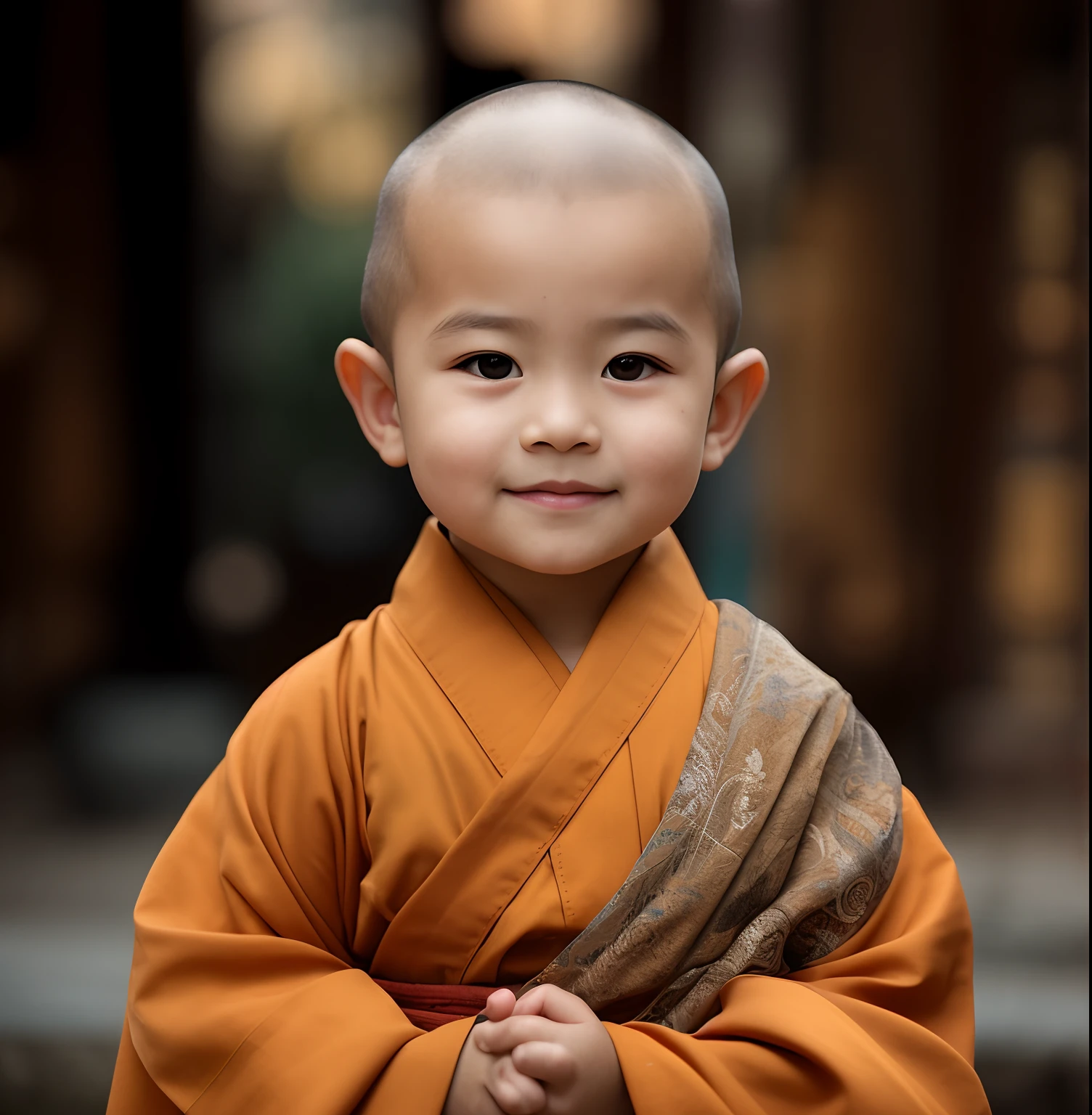 arafed in a robe standing in front of a building, buddhist monk, monk clothes, portrait of monk, wearing brown robes, monk, Serene expression, Buddhist, 2 1 st century monk, Portrait shooting, a serene smile, littlwearing nun outfit, peaceful expression, kid, close up portrait shot, ancient japanese monk, dressed in simple robes