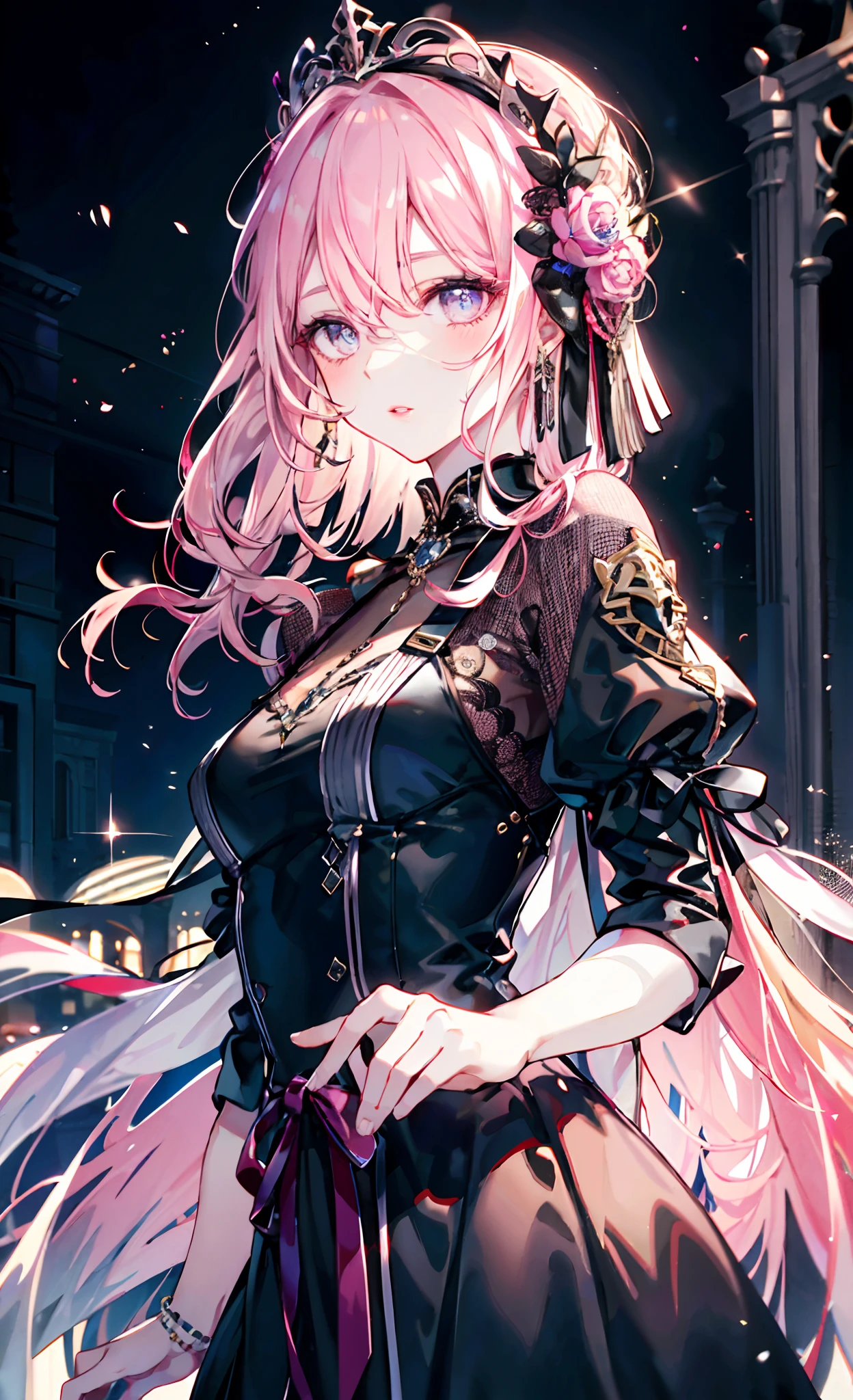 meticulous portrayal of face,1 noblewoman,a matural female,Black dress long dress,(Pink White Long Hair),dark night background,Prom, s the perfect face, perfect hand, Perfect Finger, Perfect lips, perfect eyes, Perfect background
