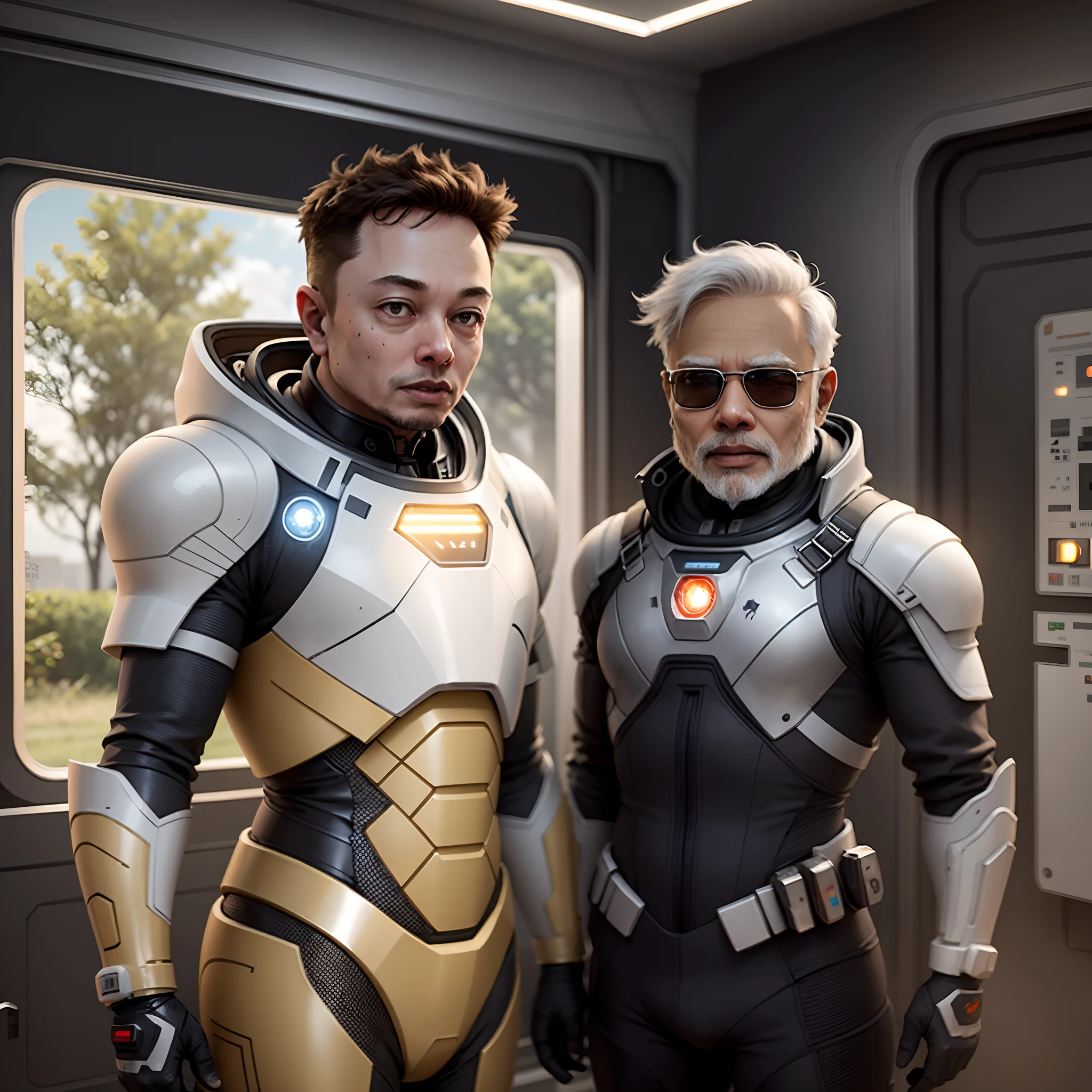 elon musk and narendra modi discussing future of mars , wearing astranaut suit hyperrealsitic --auto --s2