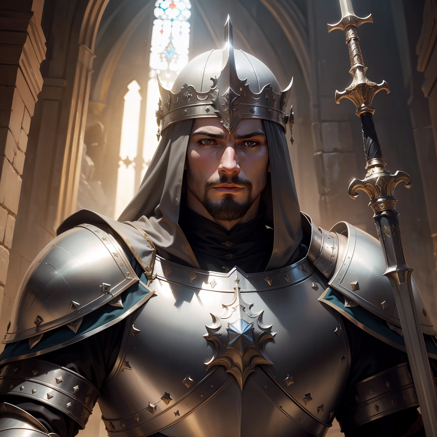 Look from the bottom up,Portrait of a royal knight,Heavy armor,epee,big sword,Cross sword,holy rays,god light,medieval times,Noble,setia,Solemn,epic fantasy digital art,devout,tmasterpiece,8K,high definition resolution,Detailed detail drawing,high qulity