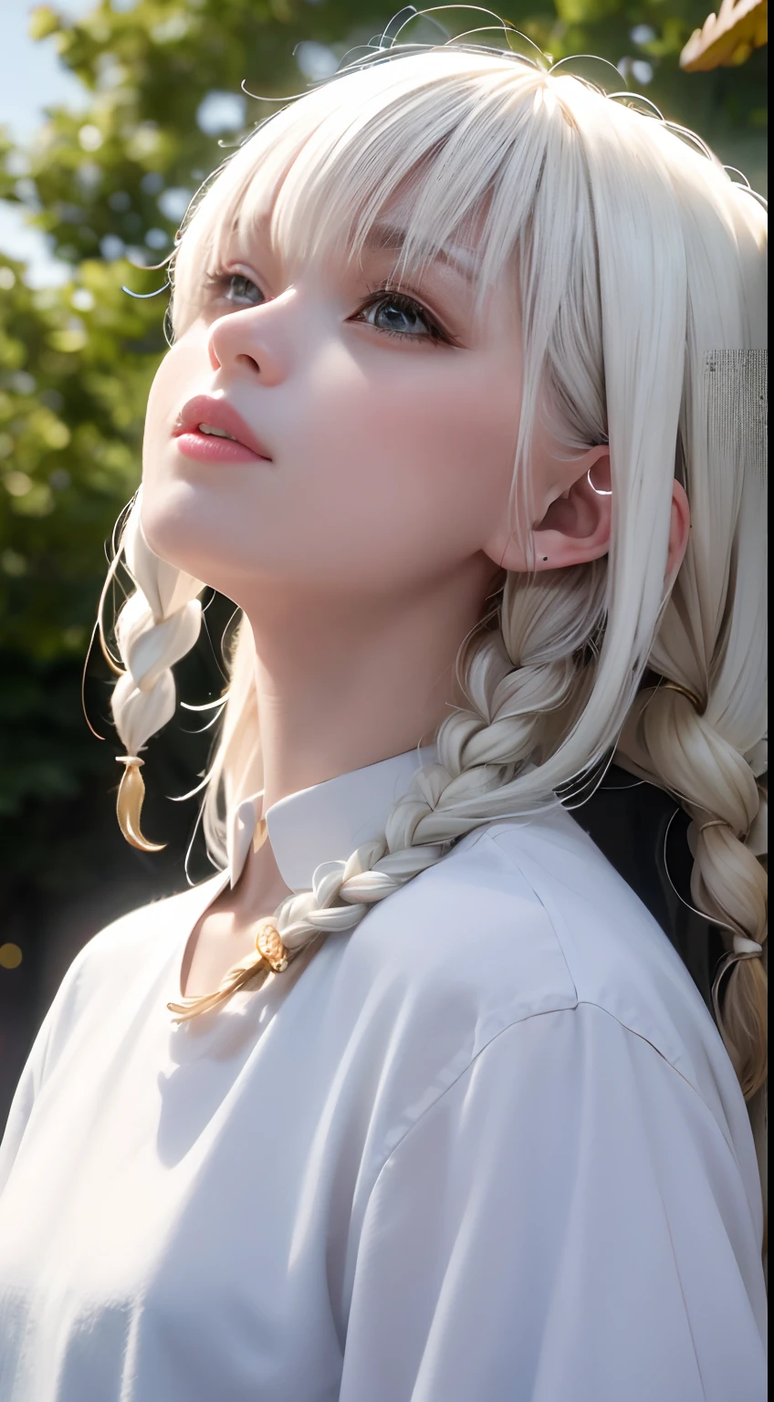 best quality, masterpiece,white hair, gold eyes,white clothes, looking up, upper body,hair strand,Fair skin,side braids