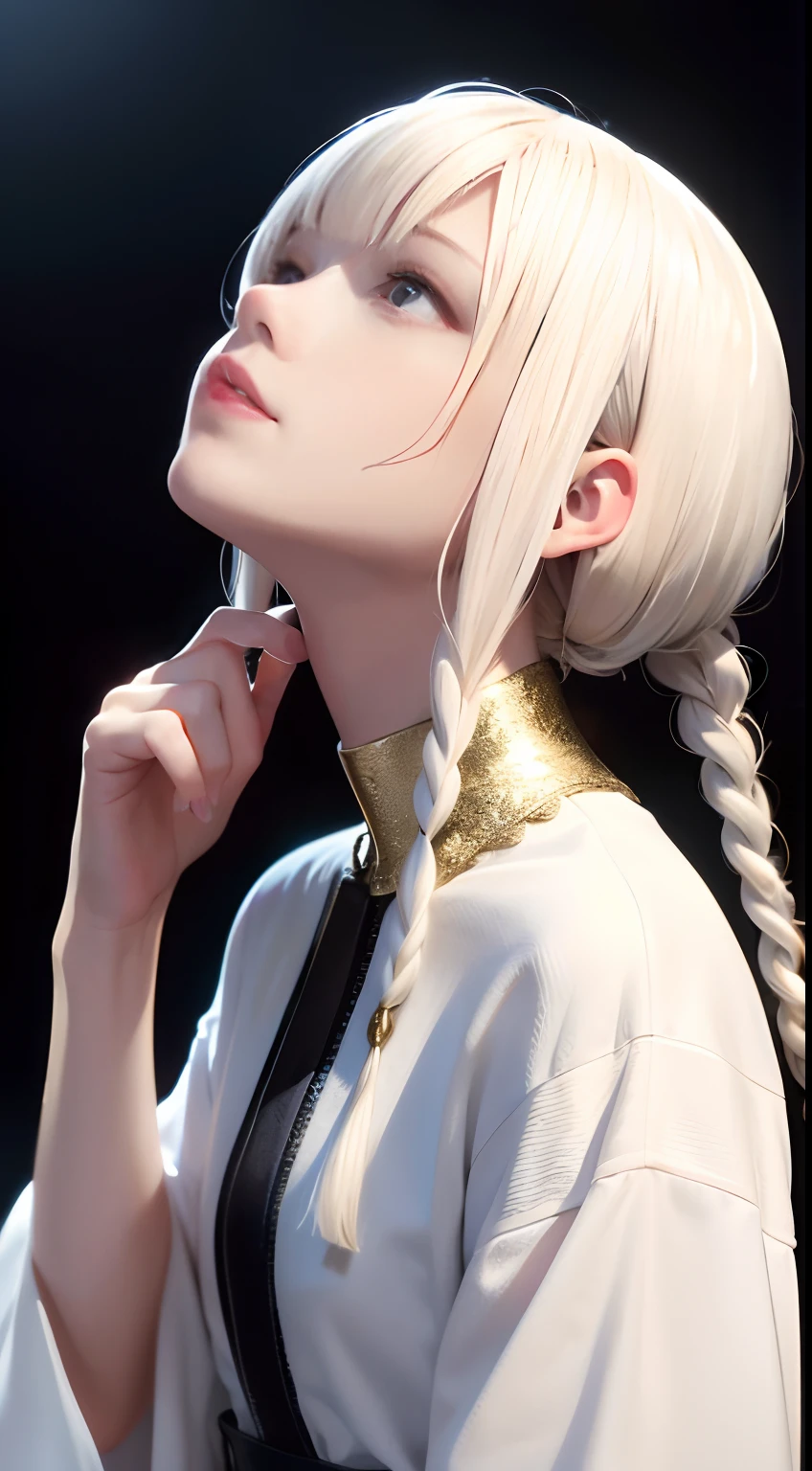 best quality, masterpiece,white hair, gold eyes,white clothes, looking up, upper body,hair strand,Fair skin,side braids