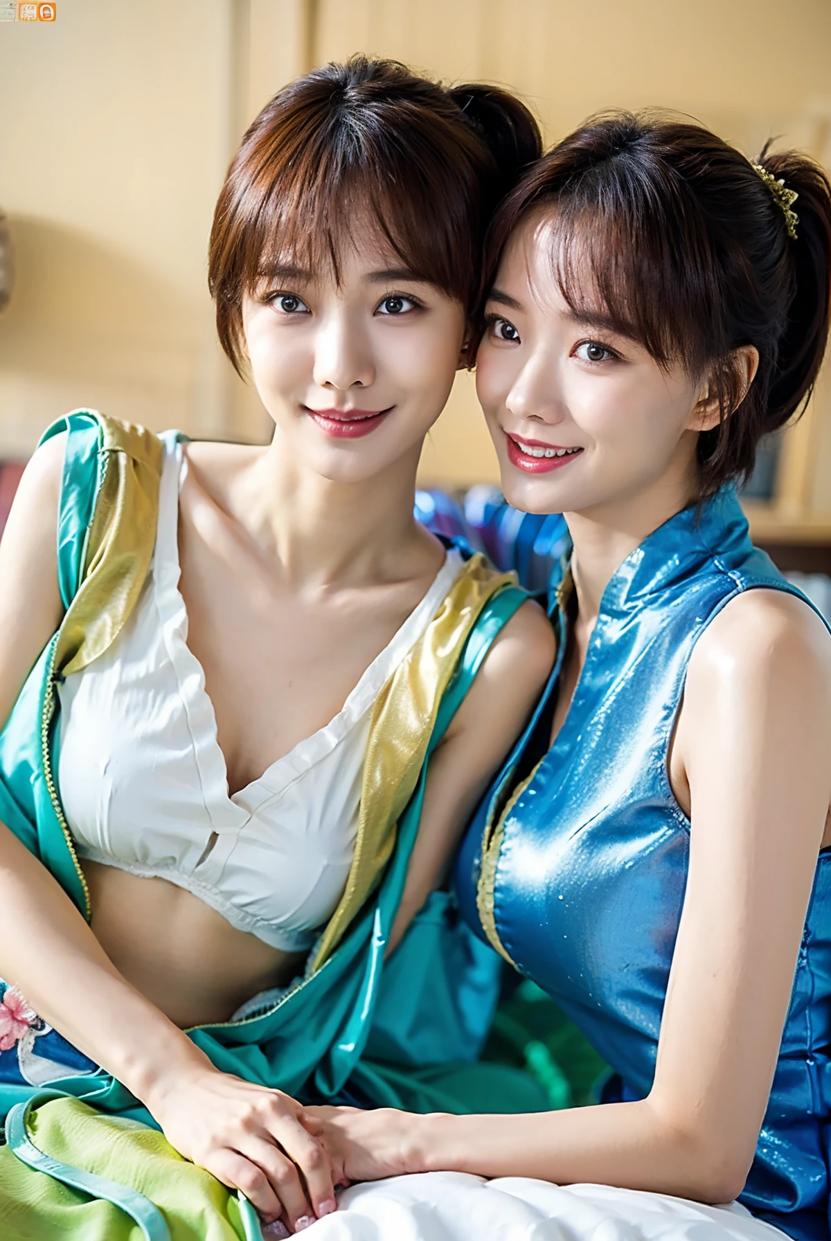 Multiple beauties touching each other, Light clothes, Sleeveless, Two women posing on bed for a photo, Surreal full-body figure, Beautiful and detailed body and face, gorgeous figure, pony tails, Clear, Smile, Moaning, Tease, Surreal full body body, Beautiful and detailed body and face, Extra-long viewing angle, Fair skin, Bright colors, Asian,Blurry, Chinese clothing underwear