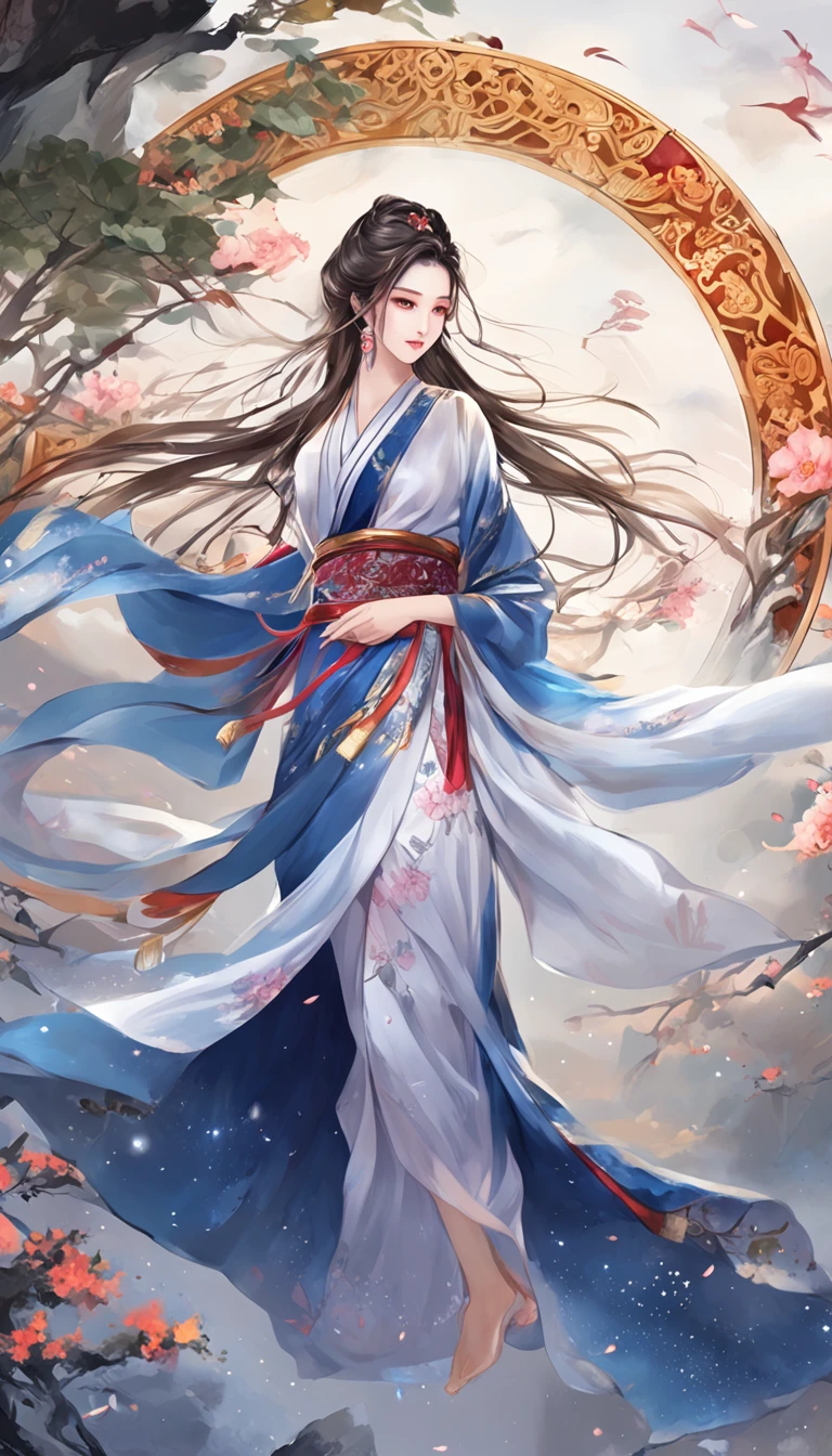 ((From below)), ((full bodyesbian)), ((Realistic)), (correct hand), (anatomy correct), nigth, Dark blue sky，starrysky, Beautiful goddess, Sexy goddess, Heroic, (Hanfu, One shoulder, Floral), Sword dance, (white colors, In pink), Long messy hair, long hair flowing with the wind, Detailed scenes, amazing pose, Eye-catching accessories, Picturesque, Beautiful digital illustration, the detail，Hyper-detailed, Cinematic quality, (best qualtiy，tmasterpiece)