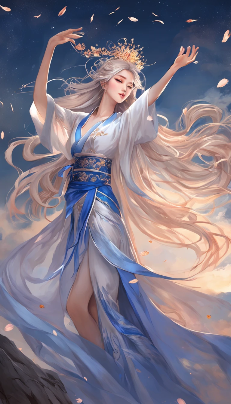 ((From below)), ((full bodyesbian)), ((Realistic)), (correct hand), (anatomy correct), nigth, Dark blue sky,starrysky, Beautiful goddess, Sexy goddess, Heroic, (Hanfu, One shoulder, Floral), Sword dance, (white colors, In pink), Long messy hair, long hair flowing with the wind, Detailed scenes, amazing pose, Eye-catching accessories, Picturesque, Beautiful digital illustration, the detail,Hyper-detailed, Cinematic quality, (best qualtiy,tmasterpiece)
