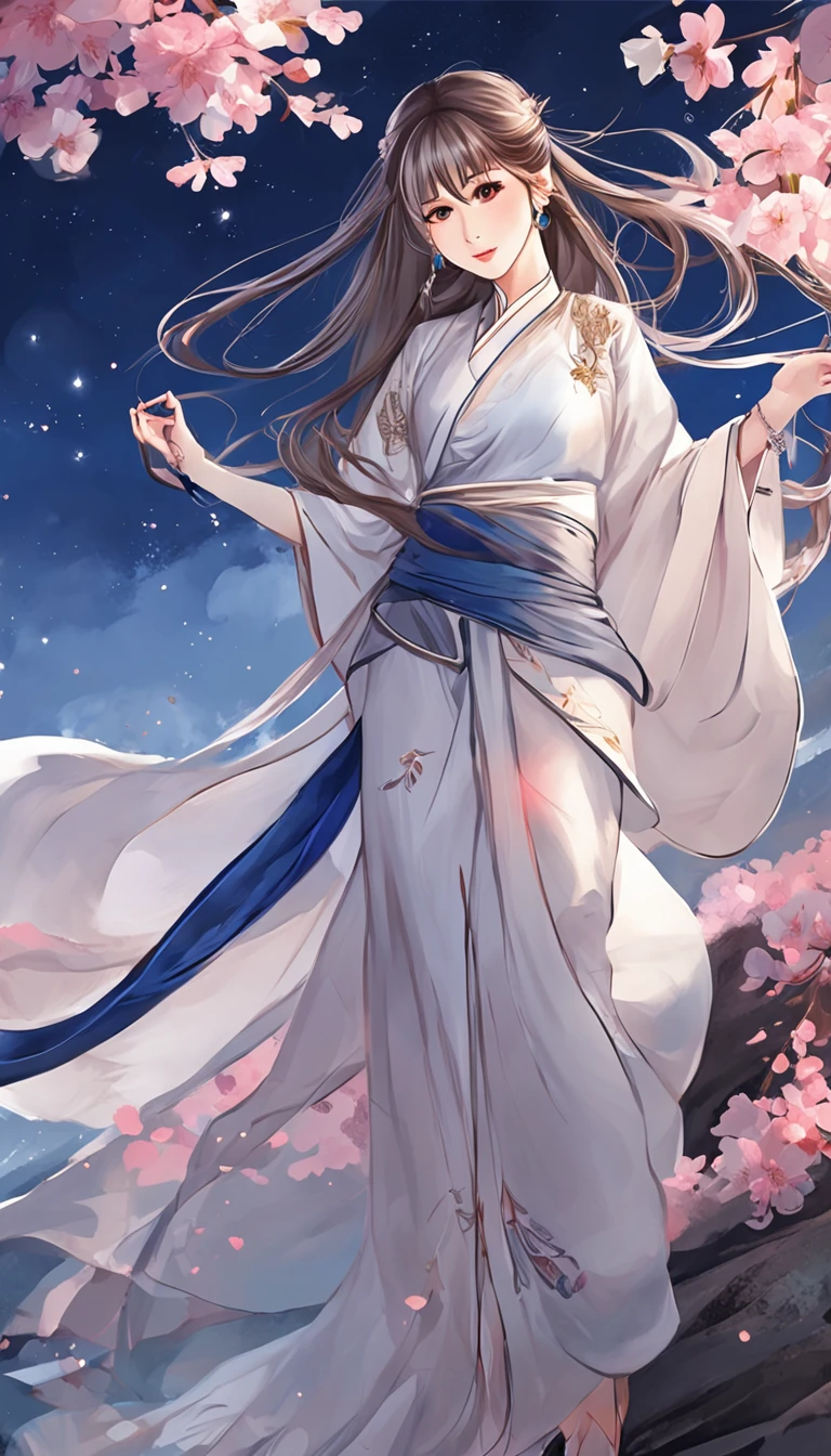 ((From below)), ((full bodyesbian)), ((Realistic)), (correct hand), (anatomy correct), nigth, Dark blue sky,starrysky, Beautiful goddess, Sexy goddess, Heroic, (Hanfu, One shoulder, Floral), Sword dance, (white colors, In pink), Long messy hair, long hair flowing with the wind, Detailed scenes, amazing pose, Eye-catching accessories, Picturesque, Beautiful digital illustration, the detail,Hyper-detailed, Cinematic quality, (best qualtiy,tmasterpiece)